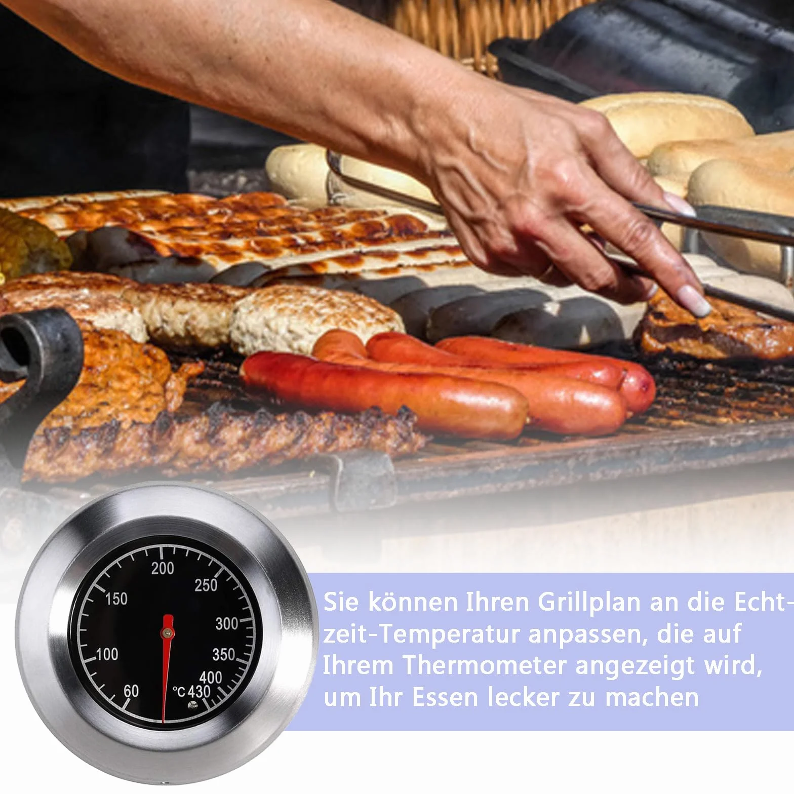 1 termometr do pieczenia ze stali nierdzewnej, termometr do grilla, termometr do grilla gazowego 60-430℃/100-800℉ do wszystkich grillów, piekarników i wózków grillowych