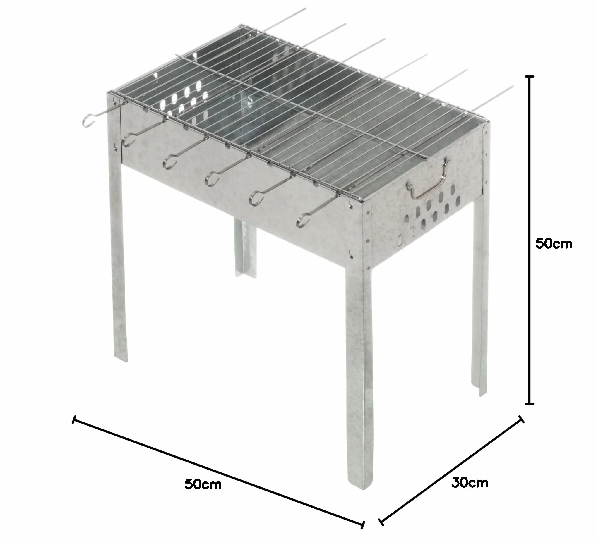 Mangal grill na szpikulce 50 x 30 x 50 cm z 6 szpikulcami ze stali nierdzewnej i rusztem