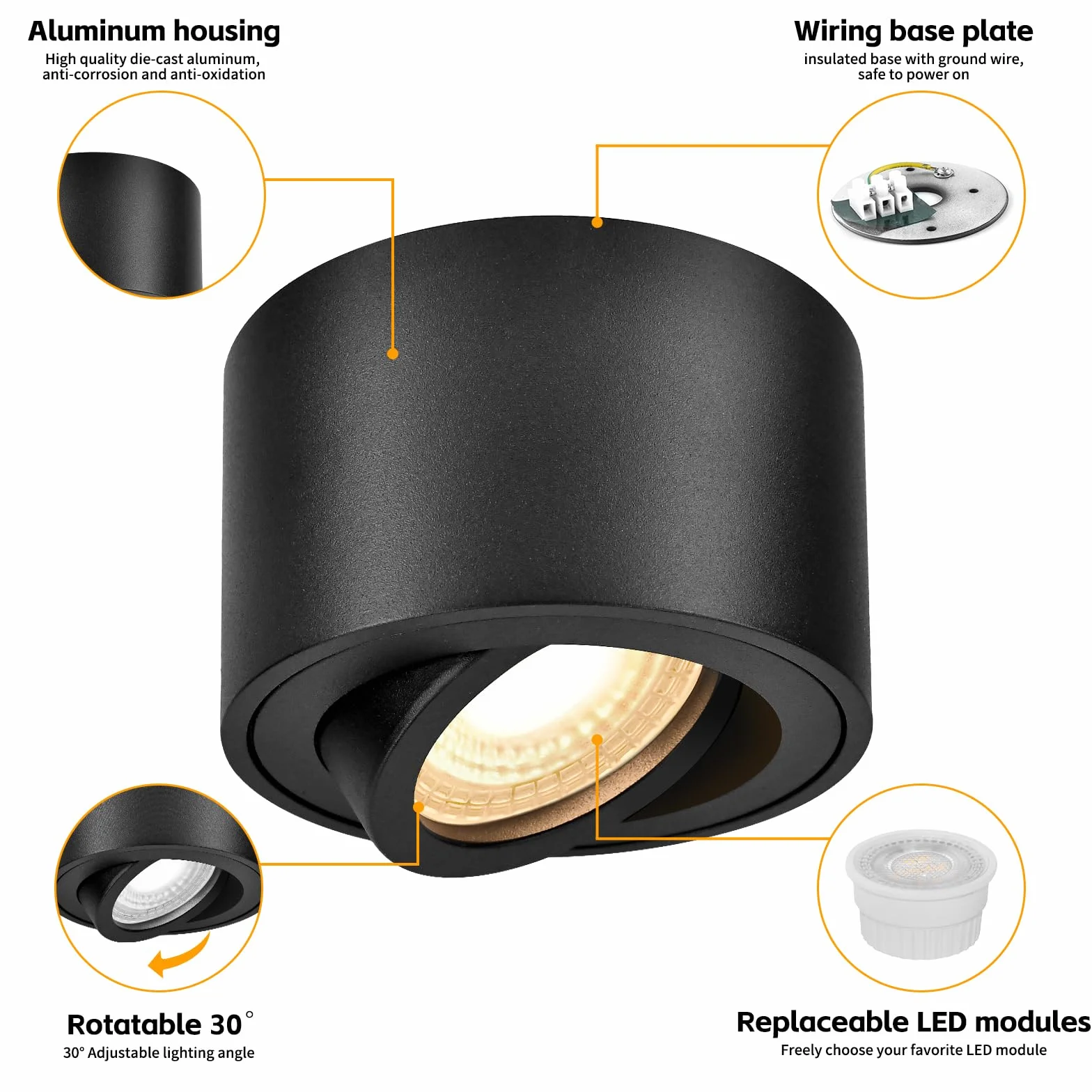 GeyouLux 6x czarne reflektory sufitowe - ekstra płaskie i obrotowe o 38° - Ø80 x 50 mm - obrotowy reflektor - 5 W 500 lm 3000K - moduł LED 230 V w zestawie - Aluminiowa lampa sufitowa LED