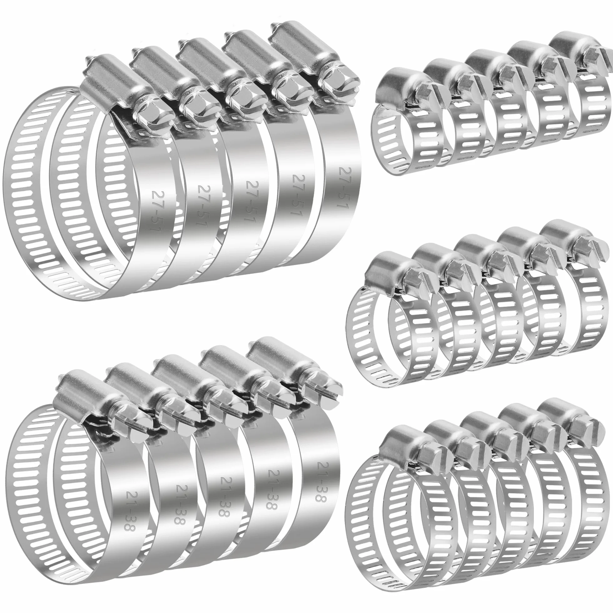 Zestaw 25 opasek zaciskowych do węża, regulowane 6-51 mm, ze stali nierdzewnej, 5 rozmiarów, zacisk do węża do rur wodnych, do rur samochodowych 6-12/13-19/16-25/21-38/27-51 mm