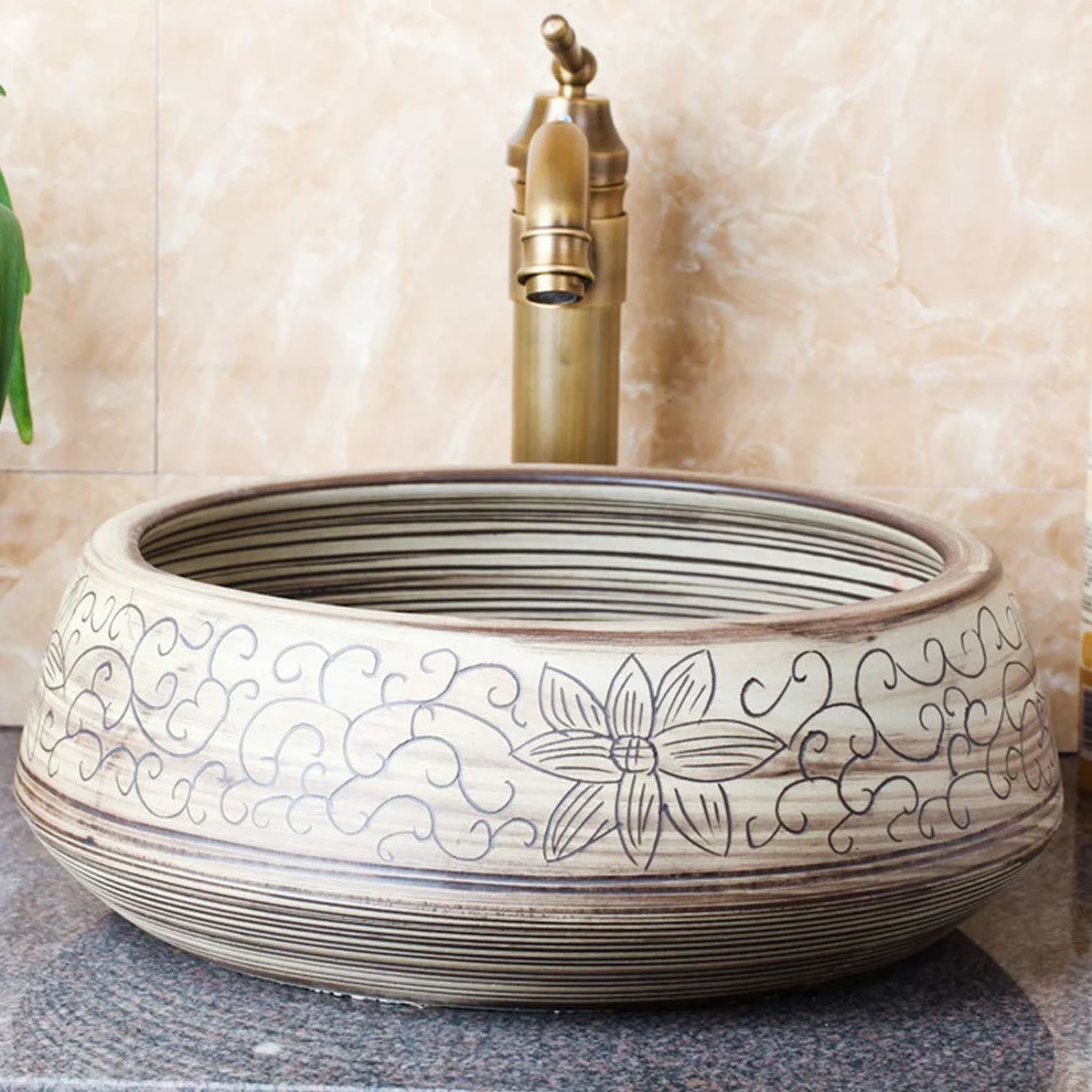 Ceramiczna Umywalka Nablatowa, Okrągła Umywalka, Ręcznie Rzeźbiony Ceramiczny Róg Obfitości, Umywalki Łazienkowe, Umywalka Dekoracyjna W Stylu Hotelowym, Umywalka Korytar