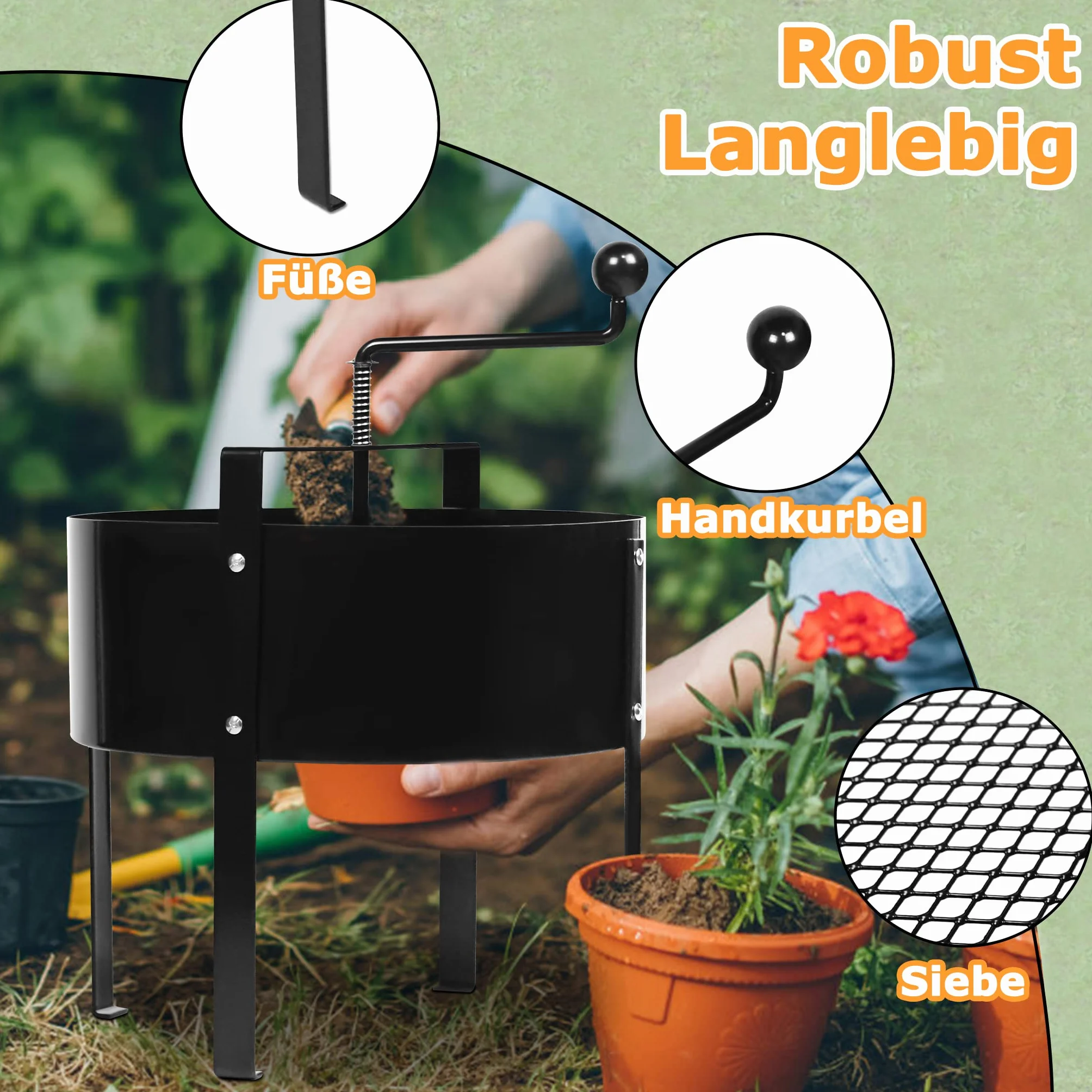 UISEBRT Sitko do ogrodu do ziemi Sitko ręczne Ø40 cm Sitko metalowe do ziemi kamieni kompostu chwastów piasku, Czarny