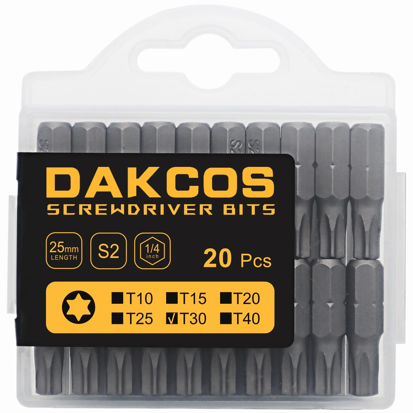 DAKCOS T30 bit, Torx Bit T30, asortyment bitów z S2 (długość: 25 mm, 20 sztuk)