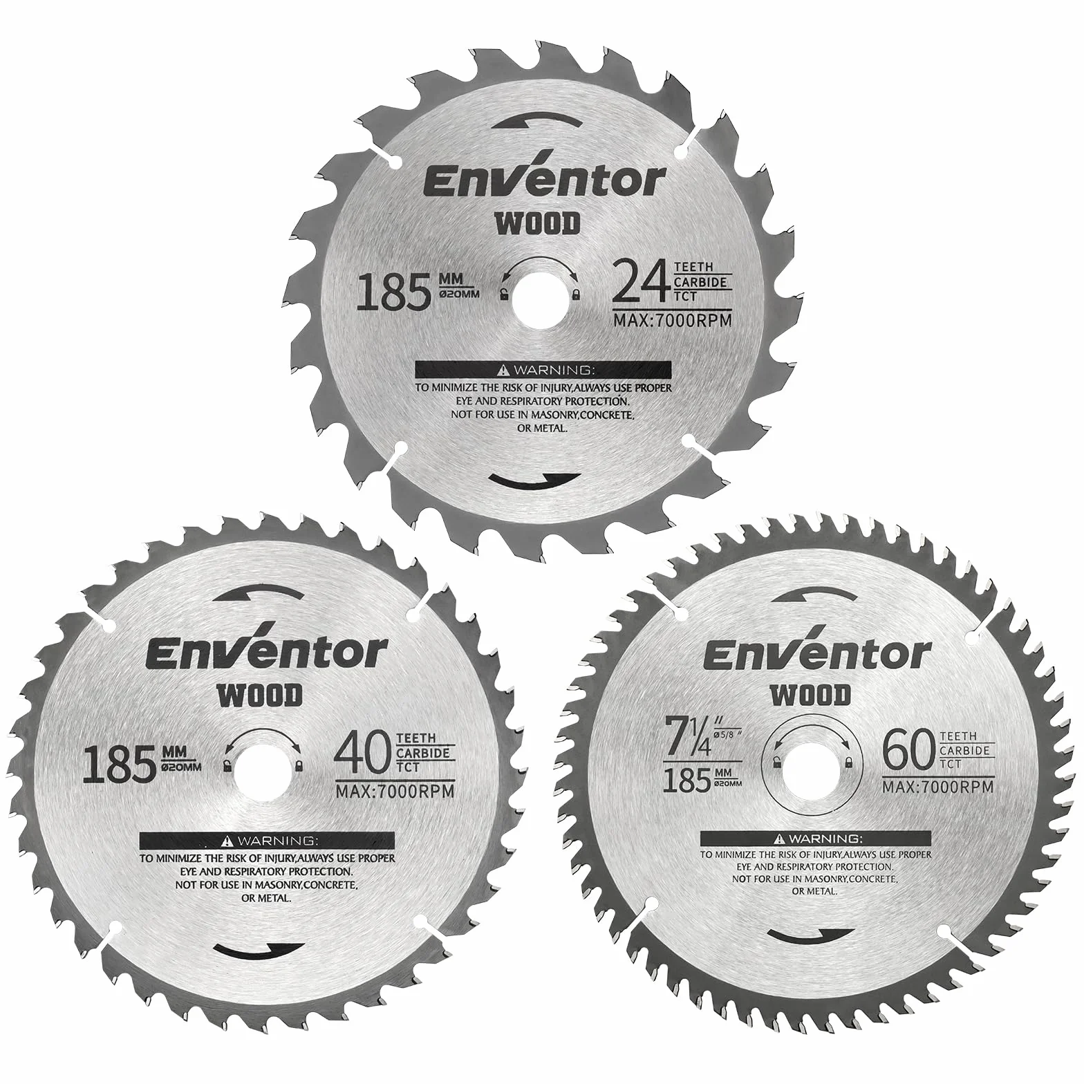 Enventor Zestaw 3 brzeszczotów tarczowych TCT 24T/40T/60T 185 mm x 20 mm z węglikami spiekanymi do drewna, laminatów, płyt gipsowo-kartonowych i plastiku, kompatybilny z piłą tarczową Enventor