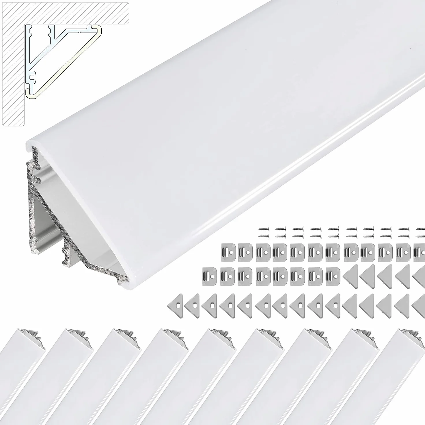 Brollux Profil narożny LED V24, zestaw 10 m (10 x 1 m) profil aluminiowy 45 stopni narożnik aluminiowy do taśm LED listwa świetlna bez żarówki