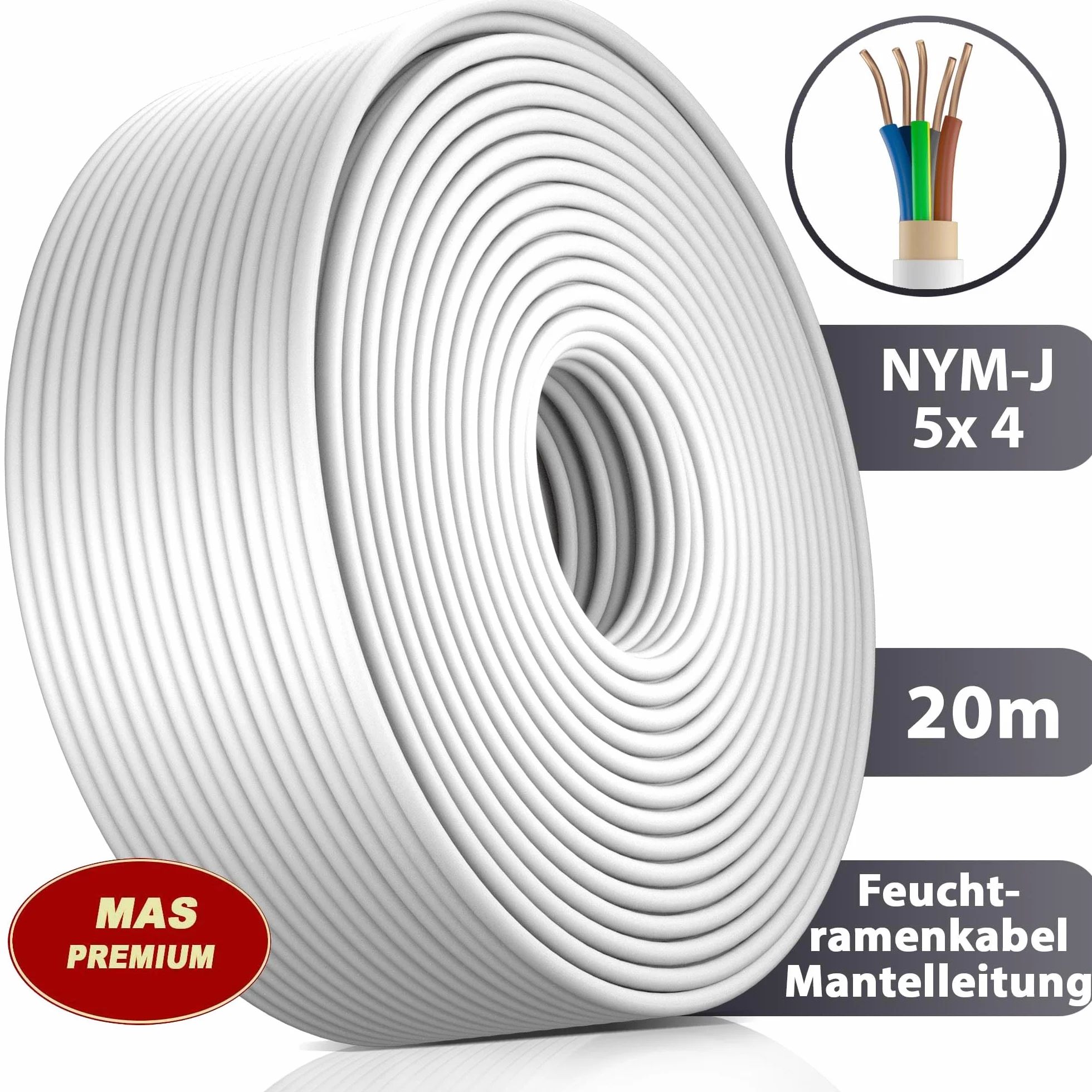MAS Premium Kabel zasilający do wilgotnych pomieszczeń, kabel zasilający 5-170 m, przewód płaszczowy NYM-J 5 x 1,5, 2,5, 4, 6, 10 lub 16 kabel elektryczny pierścień do stałego układania (NYM-J 5 x 4