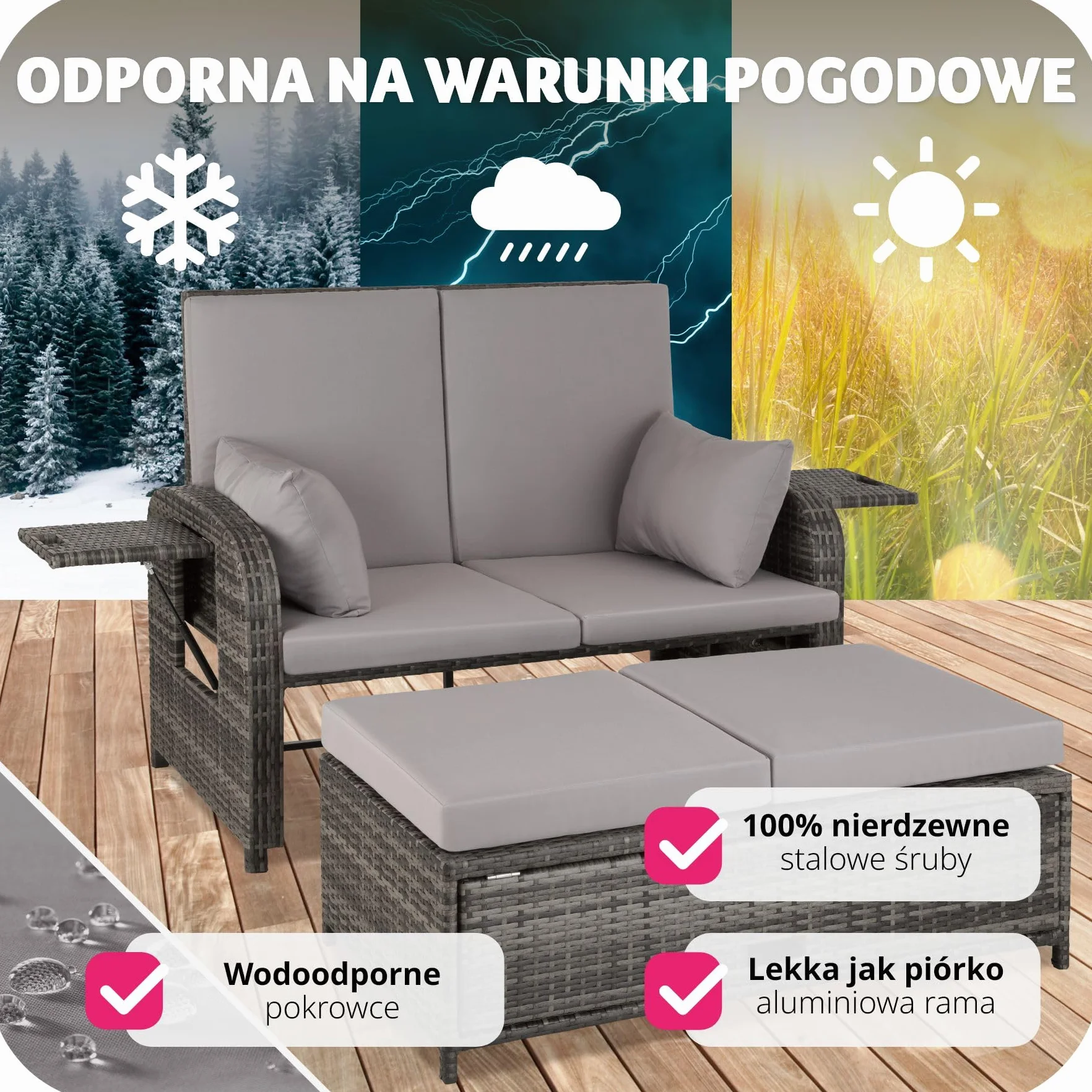 tectake® Sofa Ogrodowa z Technorattanu, Multifunkcyjna z Systemem Sprężyn, Regulowane Oparcie, Wodoodporne Poduszki, Bez Montażu, z Pokrowcem (Szary)