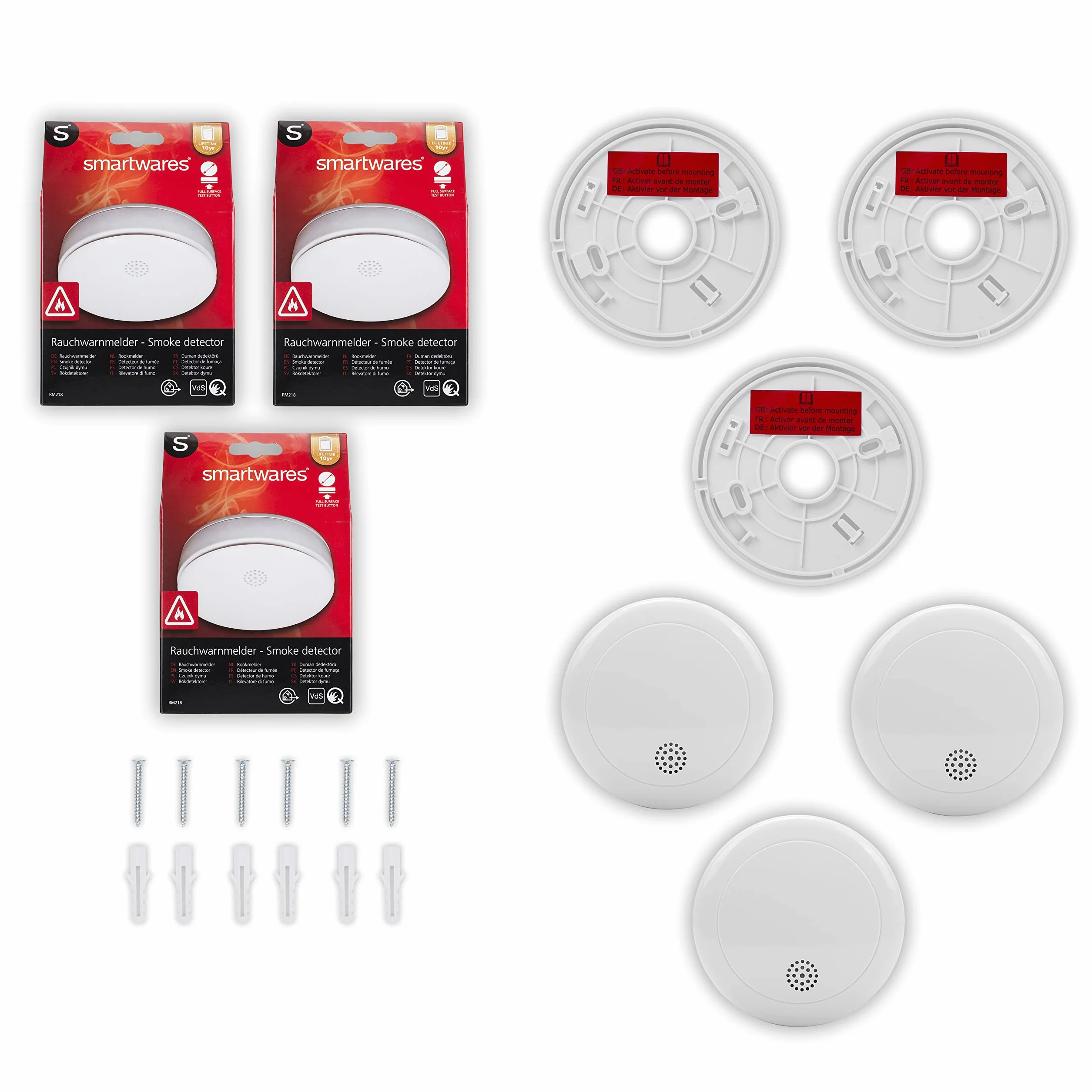 Smartwares 10.024.13 czujnik dymu z baterią, 3 V, biały, 3-częściowy zestaw
