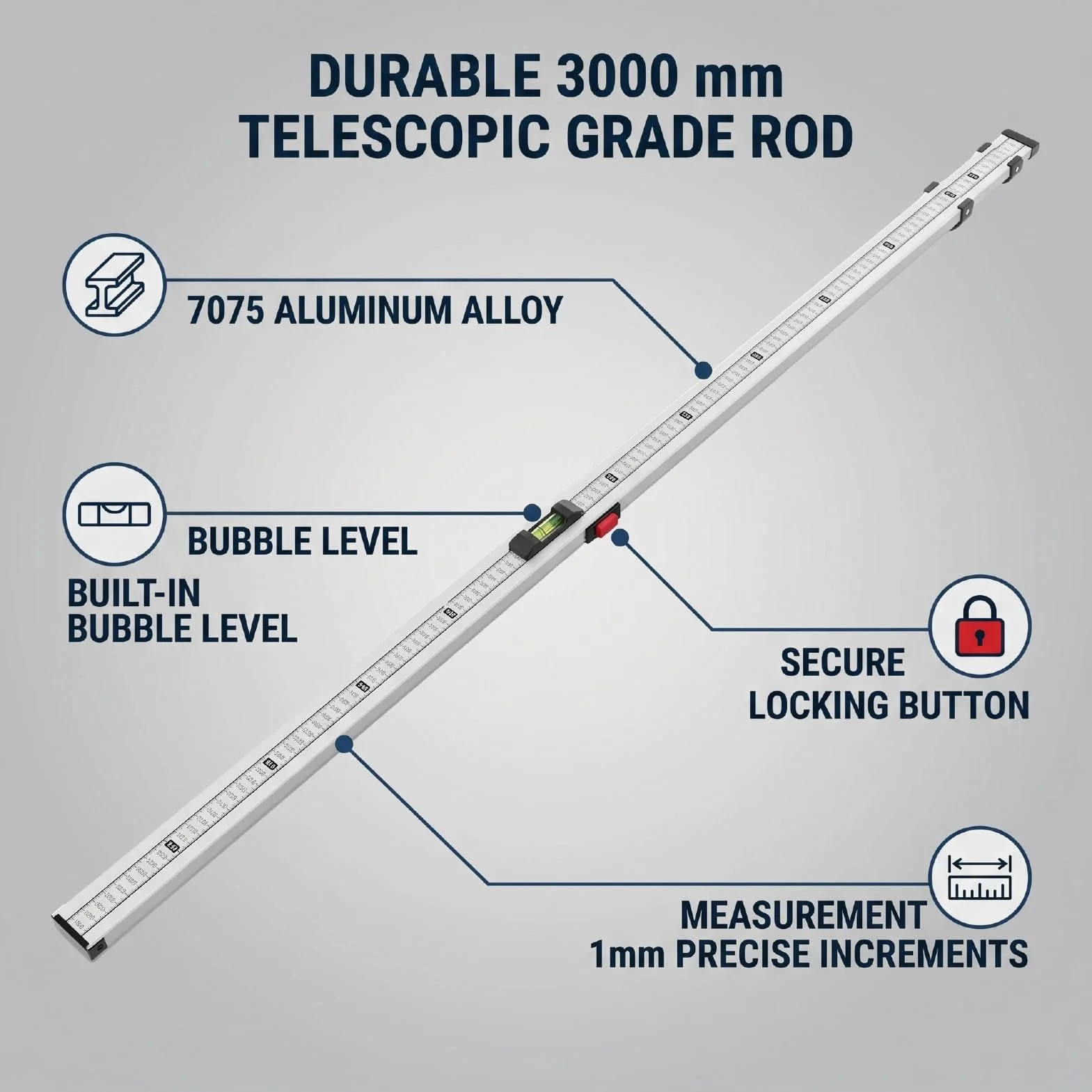 Fafeicy Pręt Aluminiowy Teleskopowy Drążek Poziomujący 1180–3000 Mm | z odwróconą skalą i poziomicą do majsterkowania