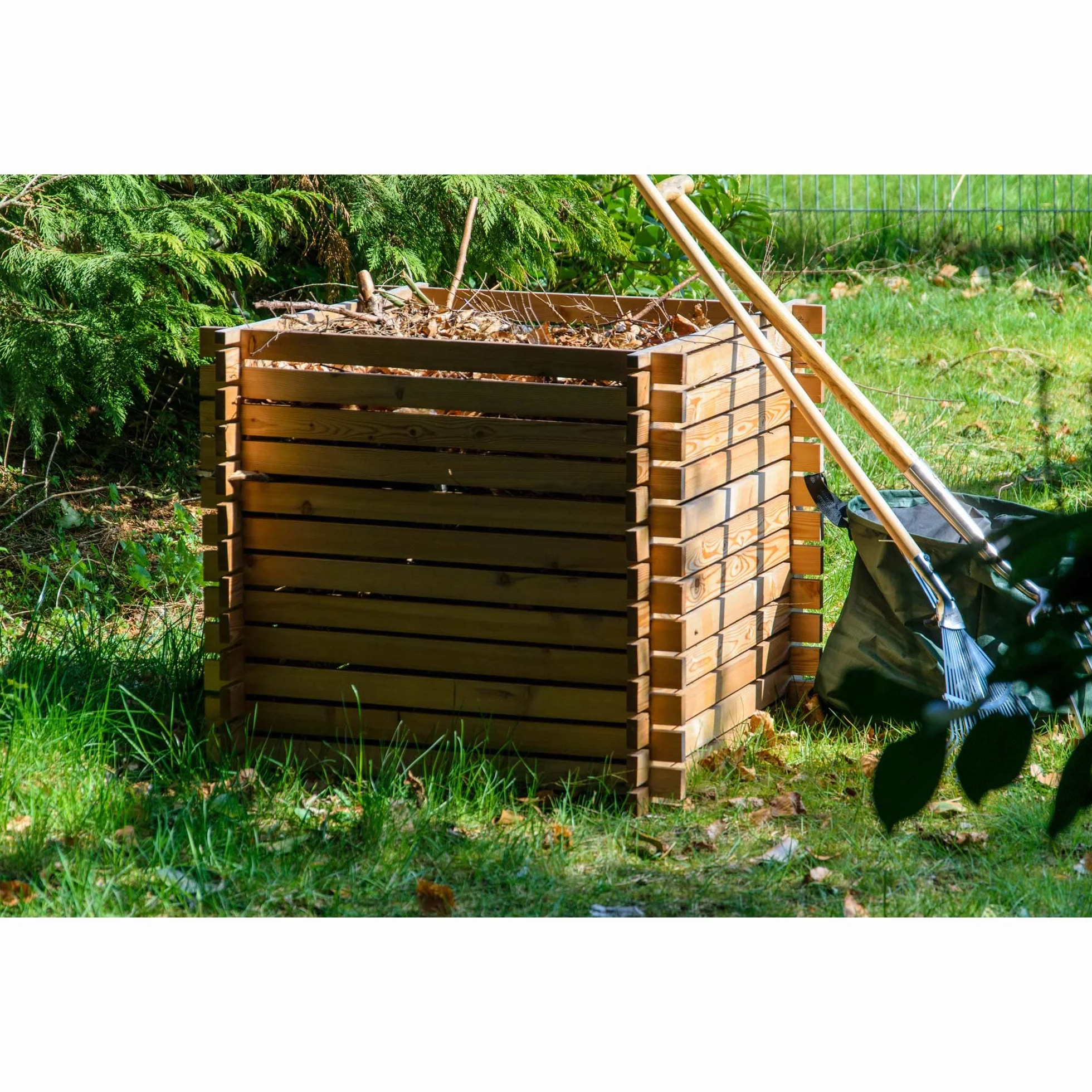 dobar® Green Label 58630FSCe kompostownik z drewna modrzewiowego, z systemem wtykowym, kwadratowy pojemnik na kompostownik z litego drewna, 420 l, zestaw do montażu, 79 x 79 x 79 cm, kolor naturalny