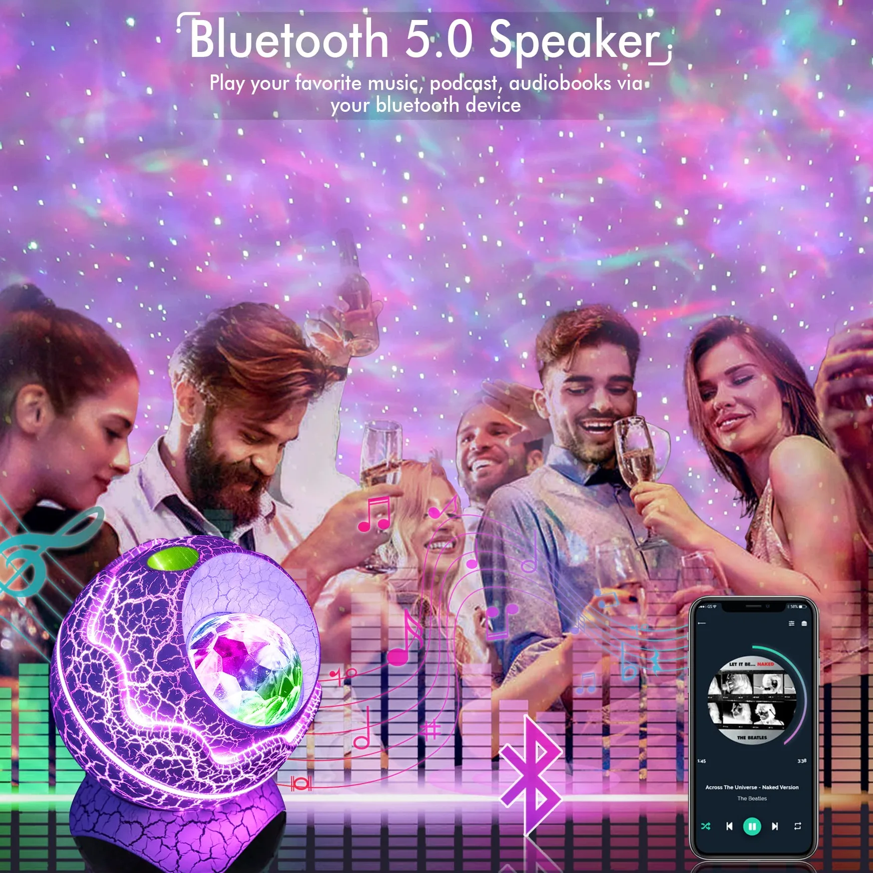 Rossetta Galaxy Reflektor Gwiazdkowy do Sypialni, Pilot Zdalnego Sterowania, Głośnik Bluetooth, Lampka Nocna LED, 14 Kolorów, Pokoju Dziecięcego, Kina Domowego, Imprezę, Salonu