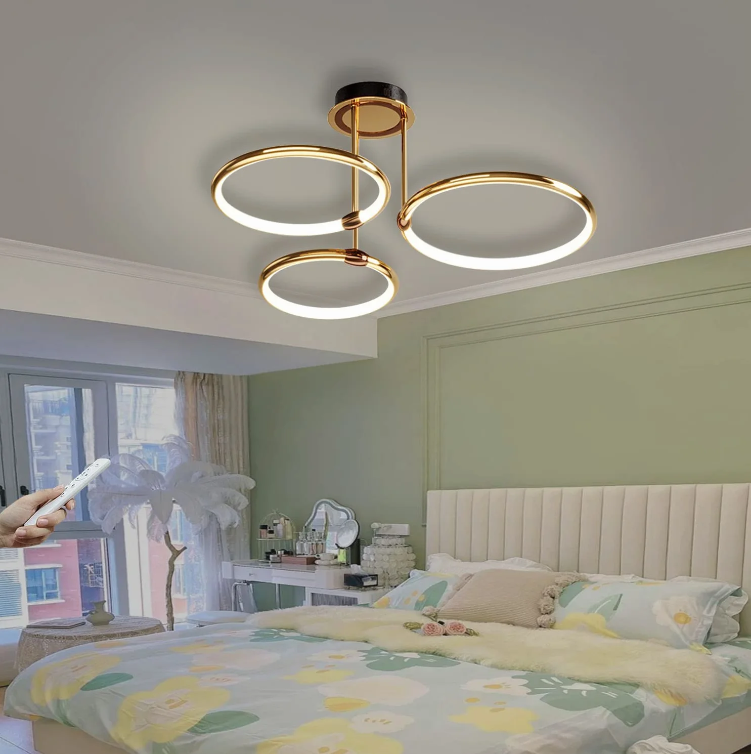 Lampa sufitowa LED Złoty pierścień Nowoczesny ściemnialny z pilotem Metalowy akrylowy okrągły żyrandol Salon Kuchnia Sypialnia Biuro Jadalnia Lampa Dekoracja Oświetlenie (3 pierścienie,Ø55cm,60W)