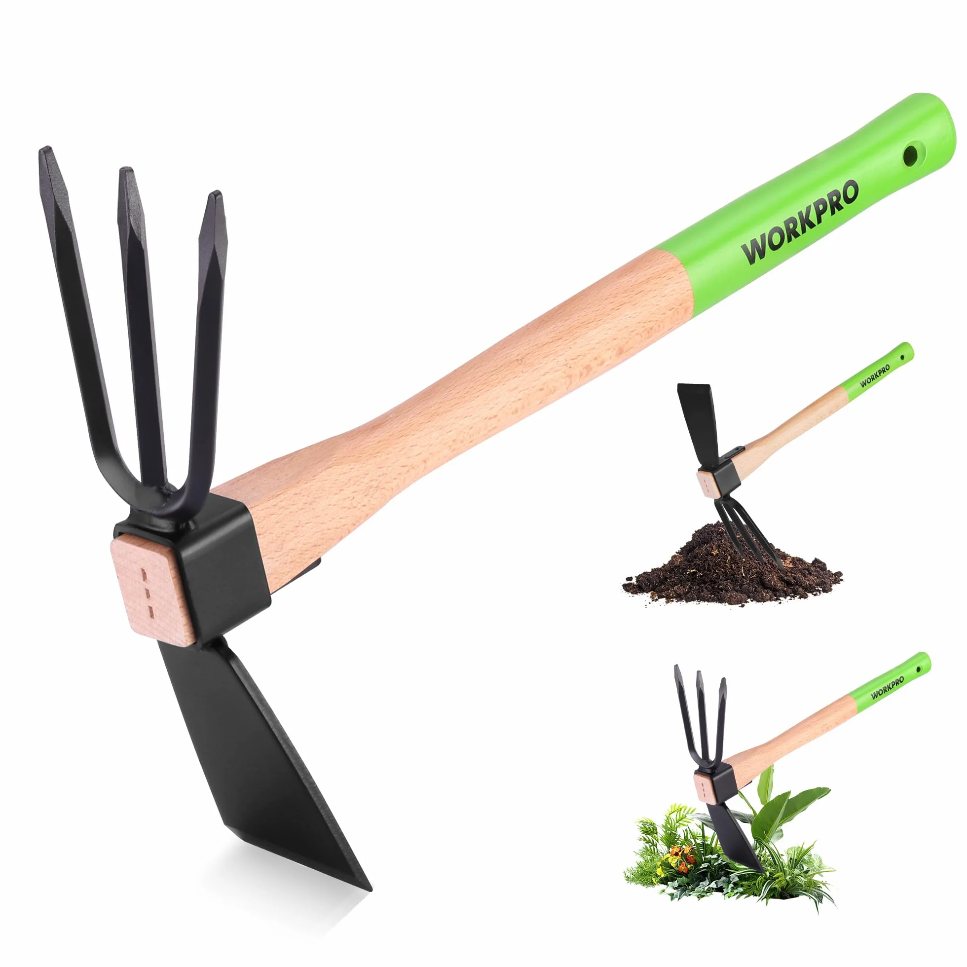 WORKPRO Motyka i kultywator grabie ogrodowe z drewnianym uchwytem 35 cm, ostrym ostrzem motyki i wytrzymałym 3 pazurami, 2 w 1, wytrzymałe narzędzia ręczne do kopania, spulchniania gleby, pielenia