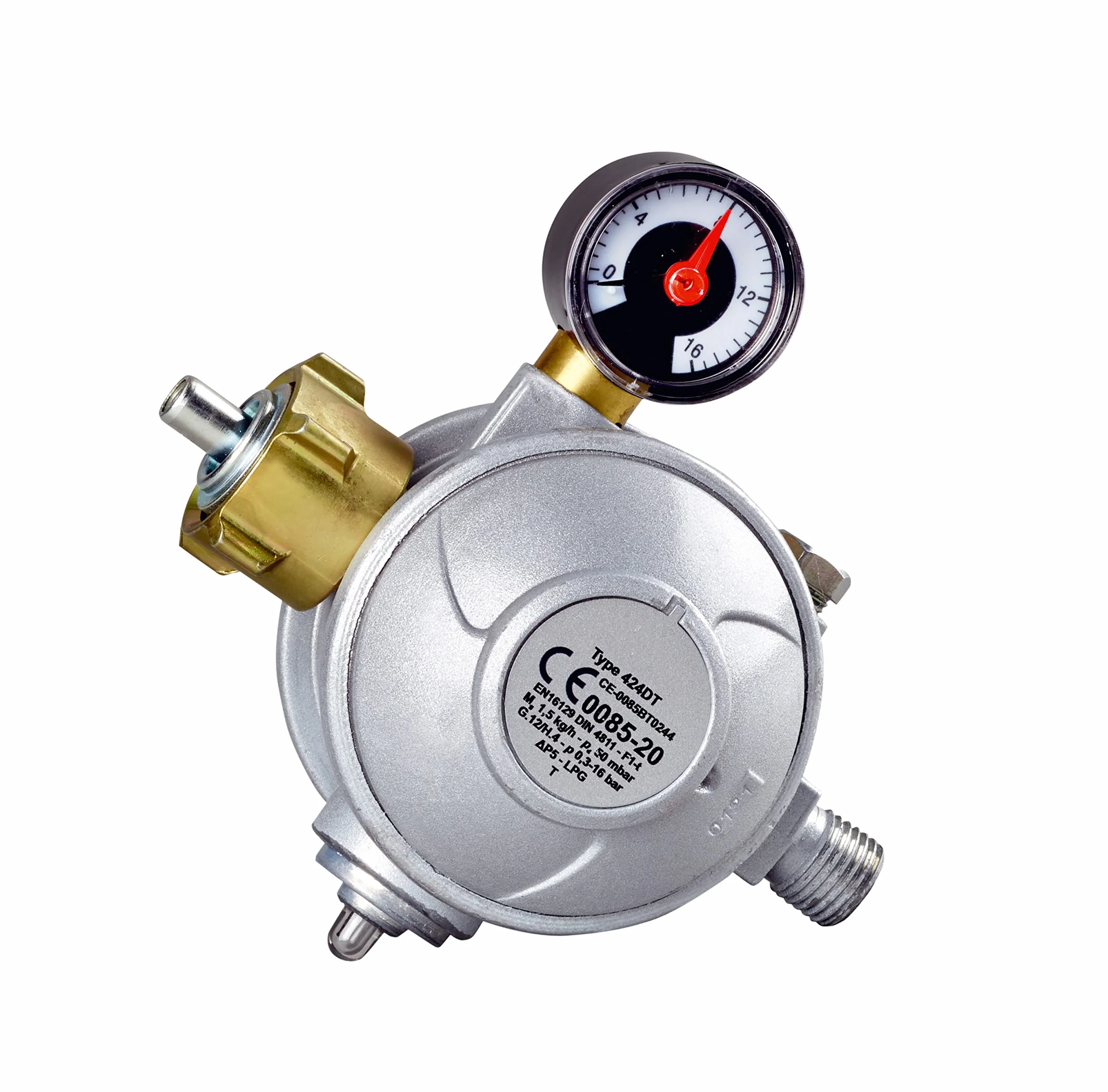 CFH Regulator ciśnienia gazu z propanem, butla gazowa 50 mbar, dwustopniowy DR 414 – regulator niskiego ciśnienia z manometrem i zabezpieczeniem termicznym, wejście G.12, wyjście H.4 1/4", do butli