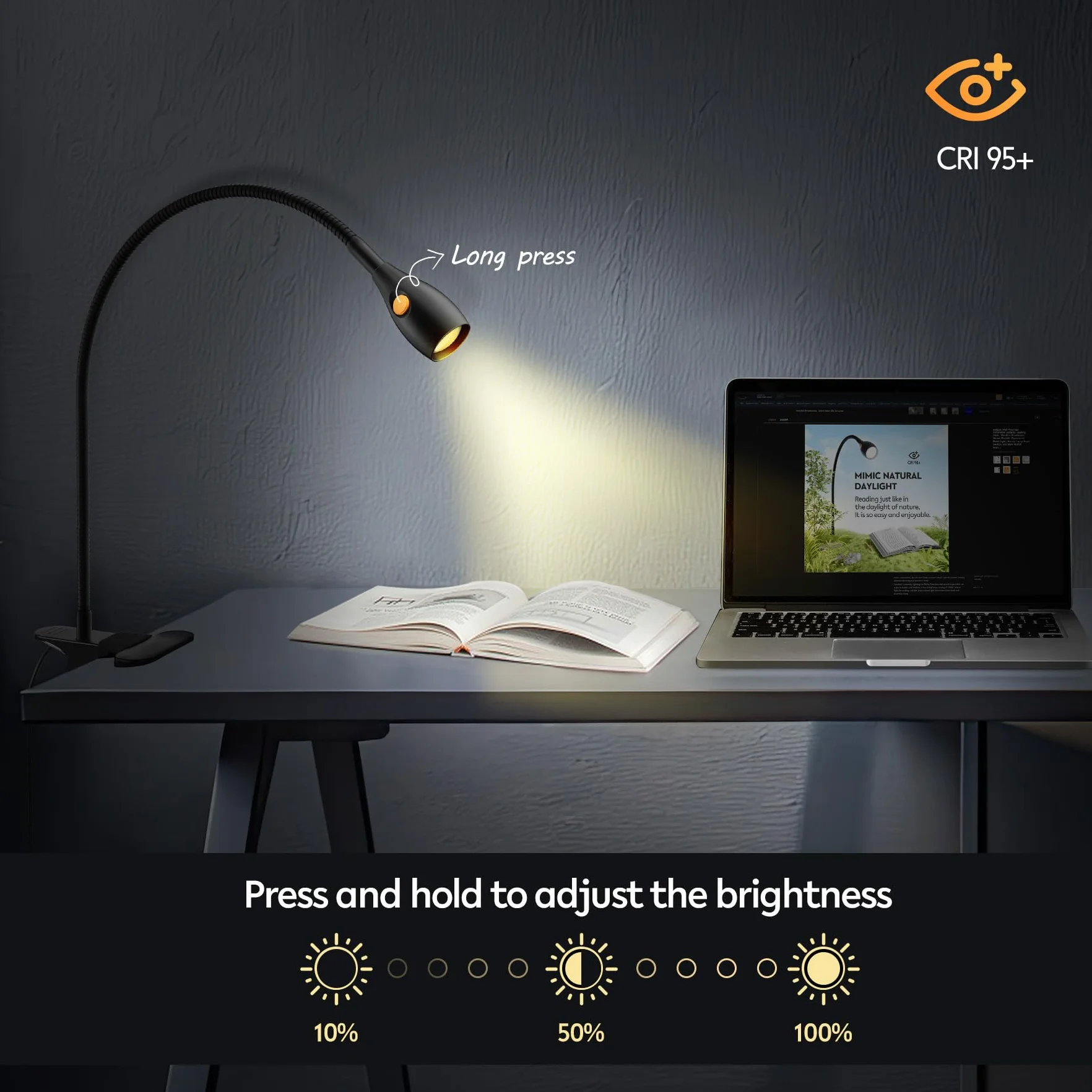 acegoo Minimalistyczna lampka do czytania do lampy z klipsem, zagłówek łóżka, ściemniana lampa książkowa, 3000 K/bursztynowe światło z adapterem USB-C, elastyczna gęsia szyja i poręczny przełącznik