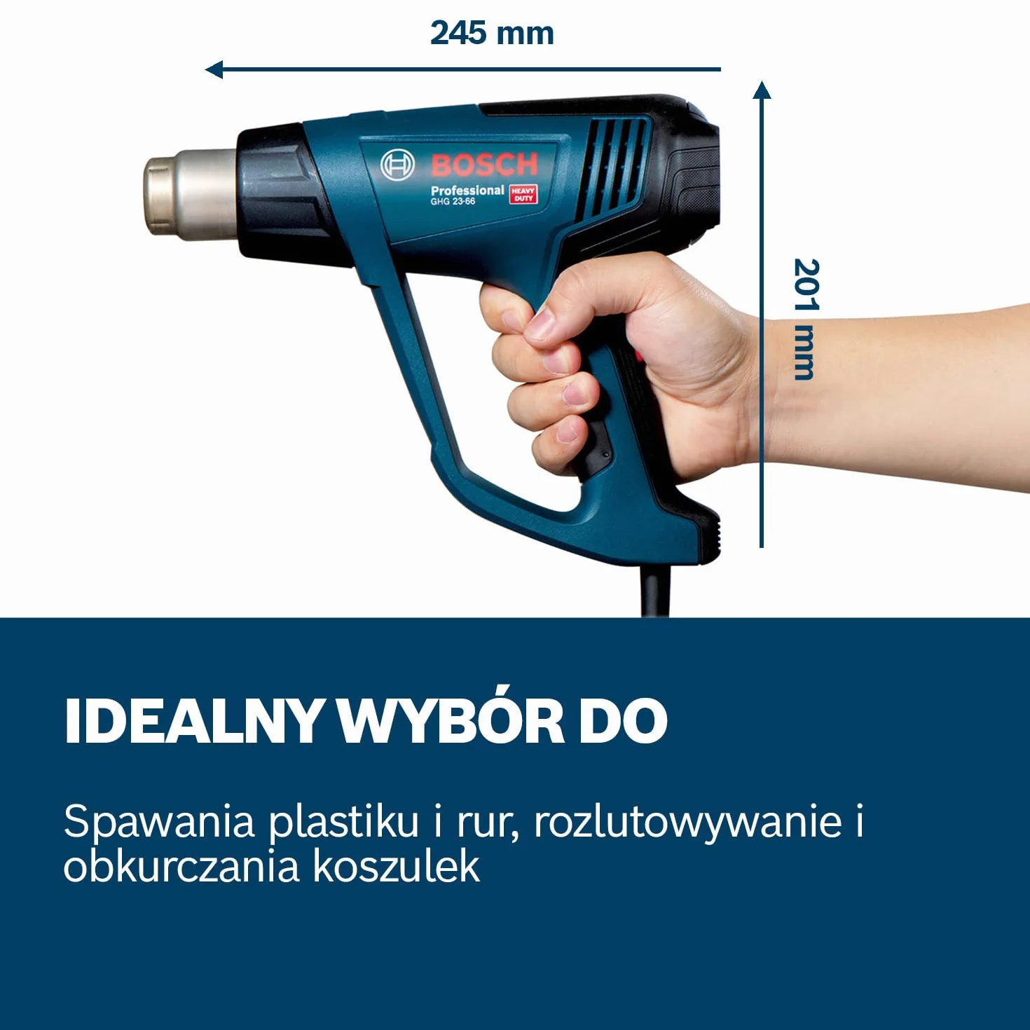 Bosch Professional: opalarka GHG 23-66 (temperatura do 650°C, 4 programy pracy z możliwością personalizacji, dysze, zestaw koszulek termokurczliwych, walizka L-BOXX)