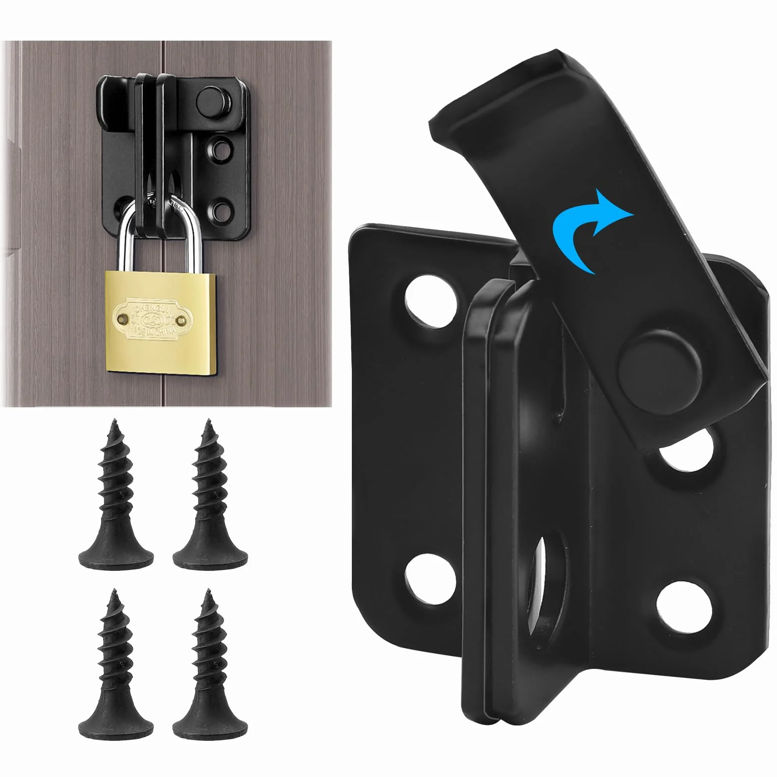 Zasuwka do Drzwi z Otworem na Kłódkę, 45 x 20 mm Czarny Rygiel ze Stali Nierdzewnej, Grubość 3 mm z Otworem 10 mm i 4 Śrubami, Otwieranie w Prawo do Drzwi, Okien, Szafek i Furtek