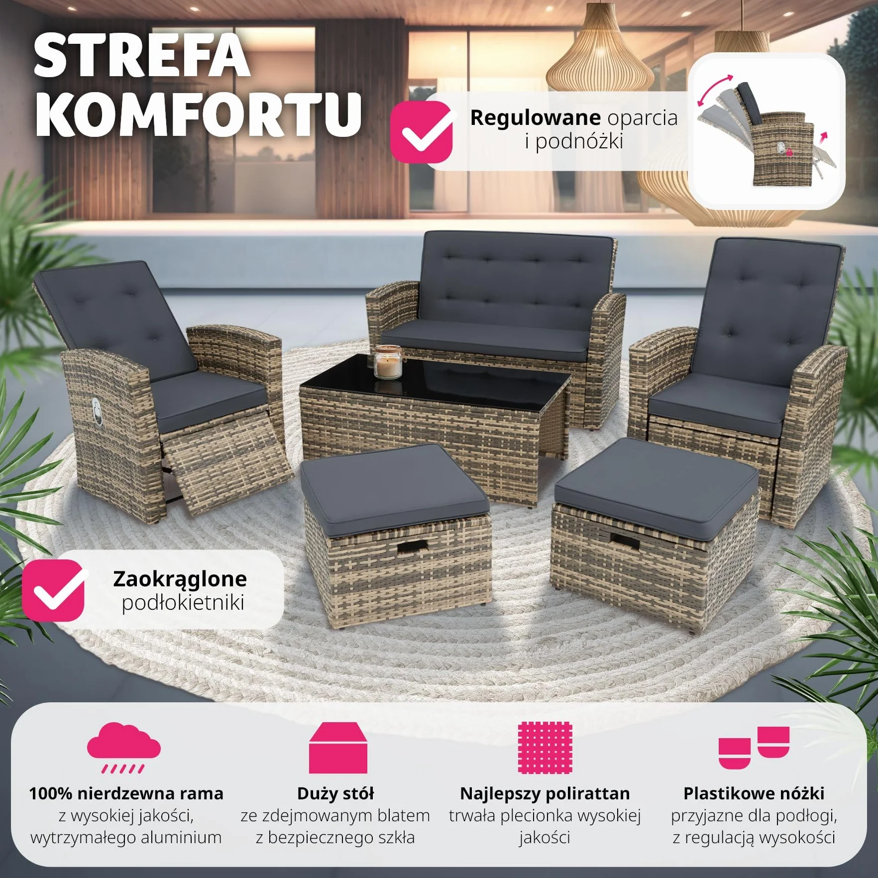 tectake® Zestaw Mebli Ogrodowych Bari, 6-osobowy, Wysokiej Jakości Technorattan UV, Aluminiowa Rama, Regulowane Oparcia, Stolik ze Szkłem Bezpiecznym (Naturalny)