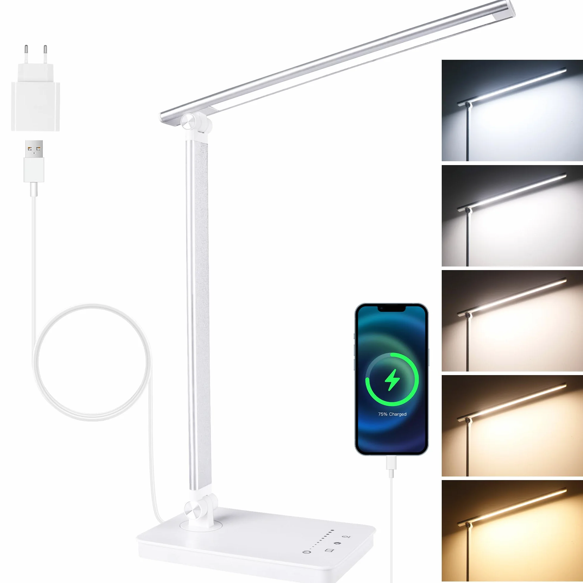 Akynite Lampa biurkowa LED z możliwością przyciemniania ochrona oczu z portem ładowania USB adapter 2 A w zestawie lampka do czytania, 5 kolorów i 5 jasności, dotykowa lampa stołowa dla dzieci