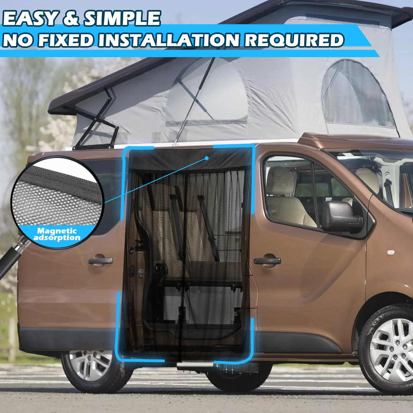 Magnetyczna ochrona przed owadami Van, dopasowana do Renault Trafic 2001-2018, Opel Vivaro, samochodowa moskitiera do drzwi przesuwnych, zamek błyskawiczny na środku drzwi