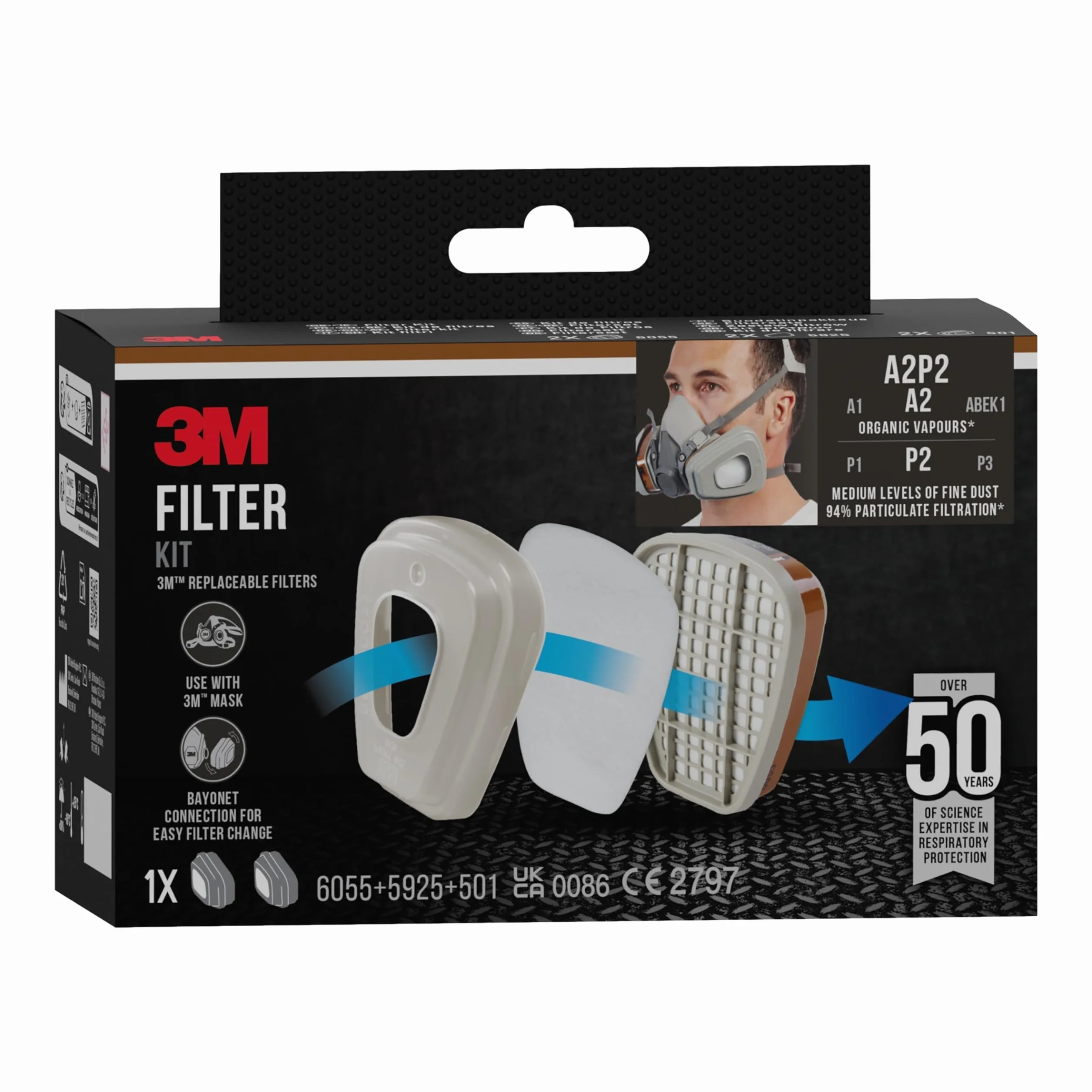 3M 6002 CR Filtr zamienny do prac natryskowych 6002CR – filtr wymienny z poziomem ochrony A2P2 do półmasek 3M do prac natryskowych i prac szlifierskich – 1 filtr z podwójnym zaworem oddechowym, 18 x 9