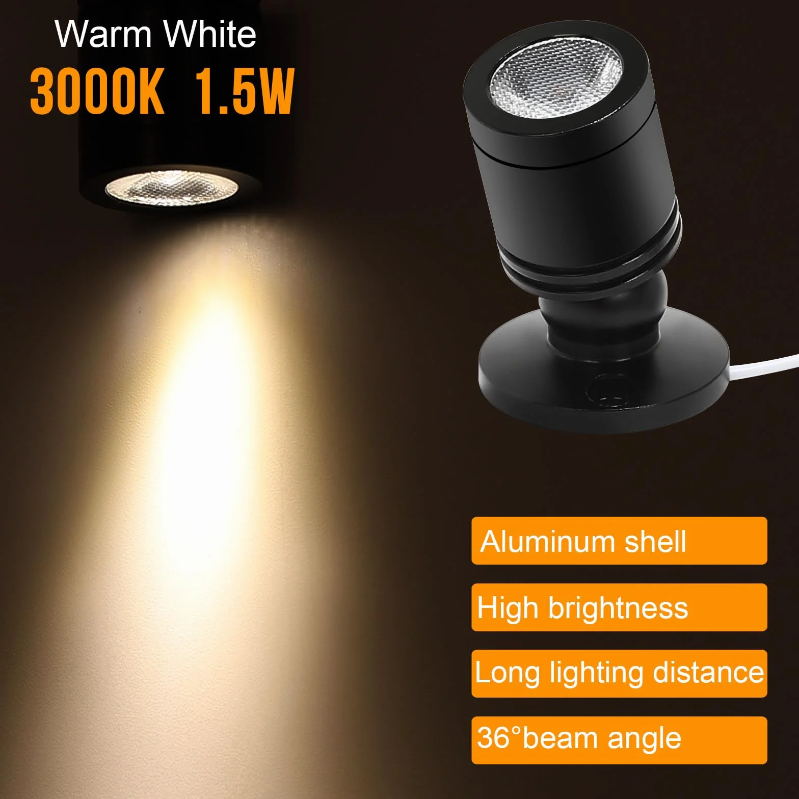 Reflektor LED do wnętrz, szafy i akcentów, 1W, obracany 360°, aluminium, mini, korytarze, galerie, sklepy, szafki na biżuterię (ciepła biel, 2'