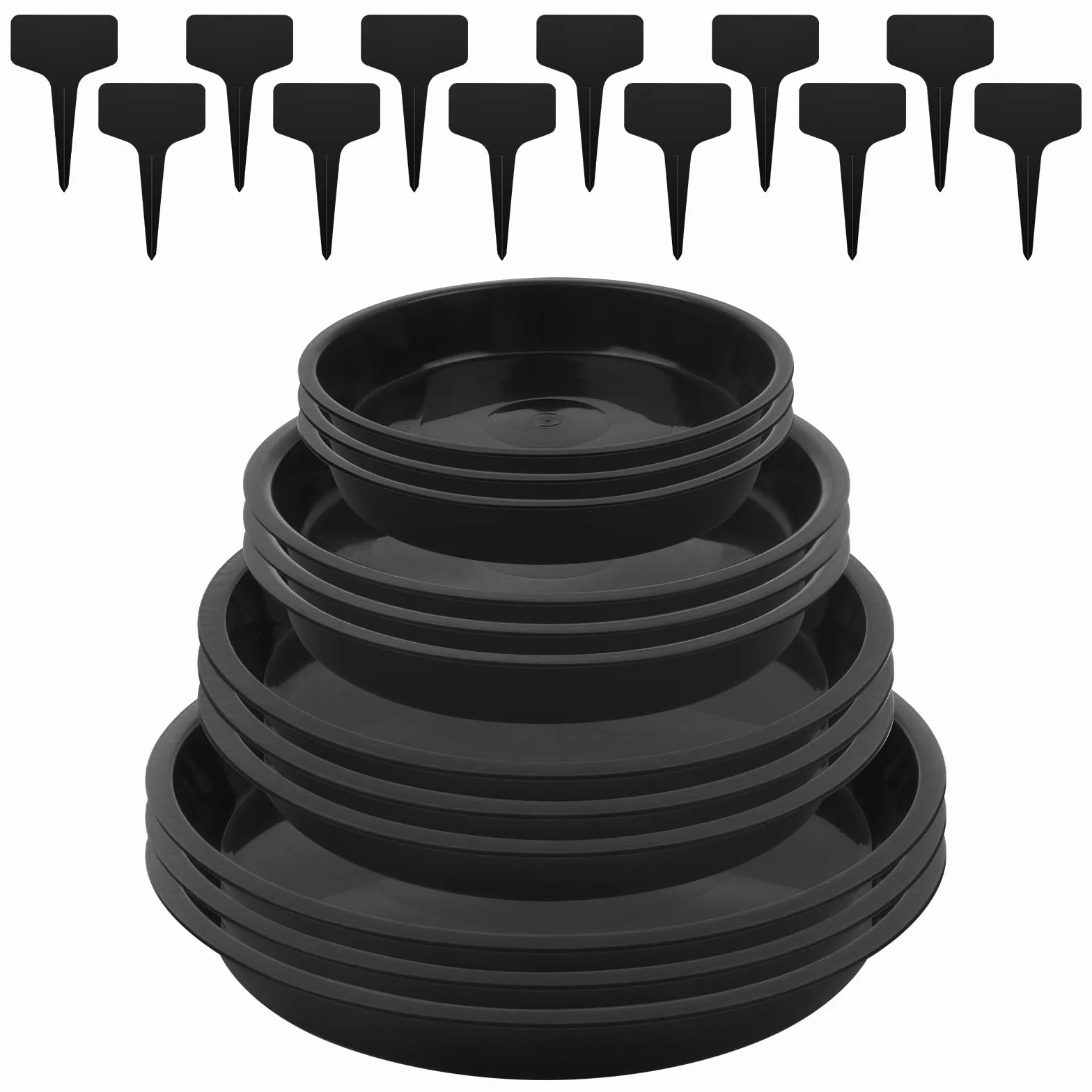 Podstawki pod doniczki, 12 sztuk, z etykietą, podstawki na kwiaty, okrągłe, 13,9/15,8/17,8/21 cm, plastikowe podstawki do roślin wewnętrznych i zewnętrznych