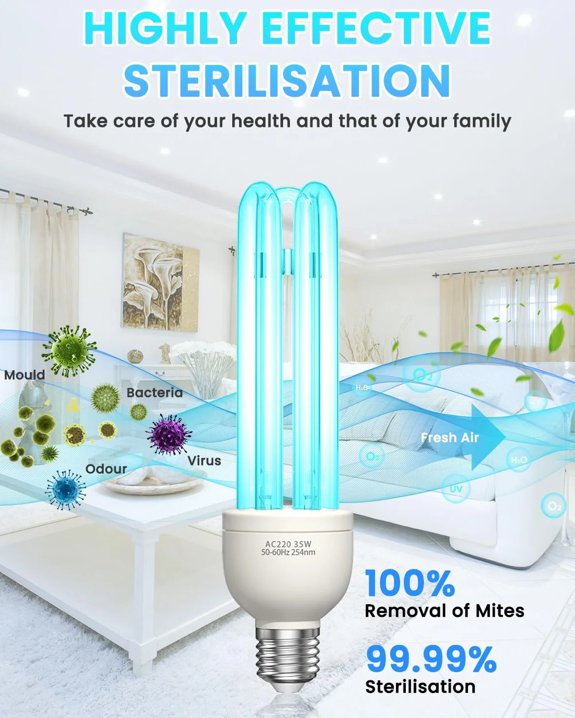 Lampa bakteriobójcza UVC żarówka UV 35 W 254 nm E27 z ozonem UVC silna sterylizacja i dezynfekcja AC220-240V idealna do kuchni, sypialni, salonu, biura i szkoły świeże powietrze (1 szt.)