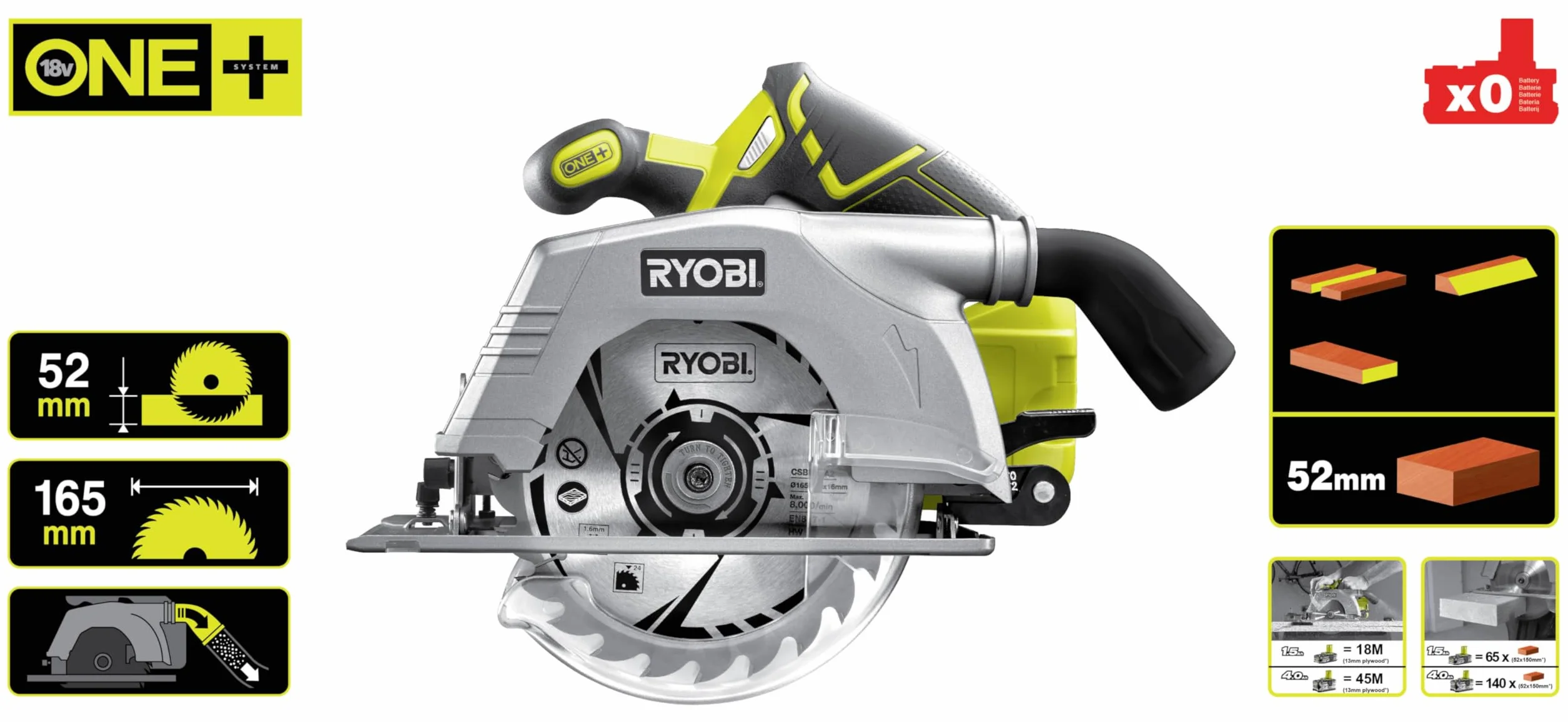Ryobi Pilarka Tarczowa 18V, R18CS-0,Średnica Tarczy 165 mm, 24 Zęby, Regulowana Głebokość Cięcia, do 52 mm pod Kątem 90° i do 36 mm pod Kątem 45°, Zestaw Nie Zawiera Akumulatora i Ładowarki