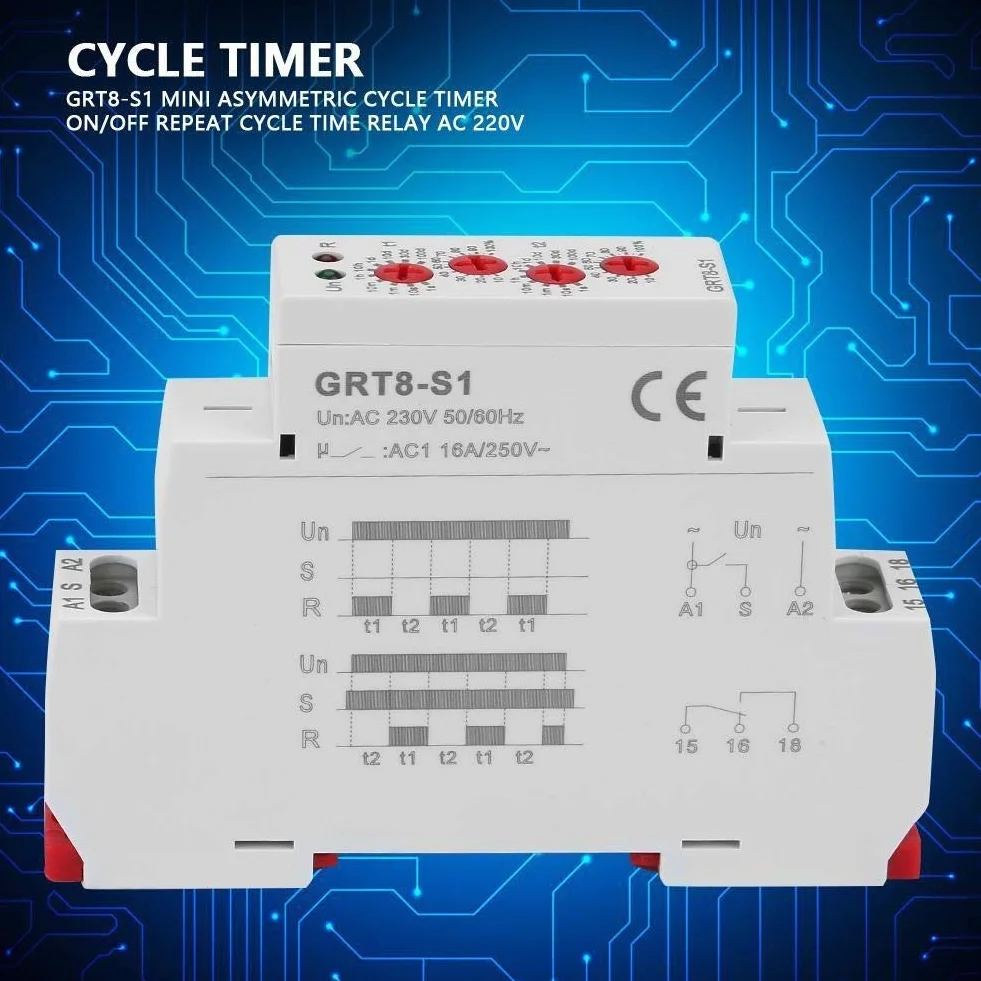 DEWIN Cykl Asymetryczny timer, przekaźnik cyklu GRT8-S1 mini asymetryczny cykl timer/off powtarzający się czas cyklu AC 230V