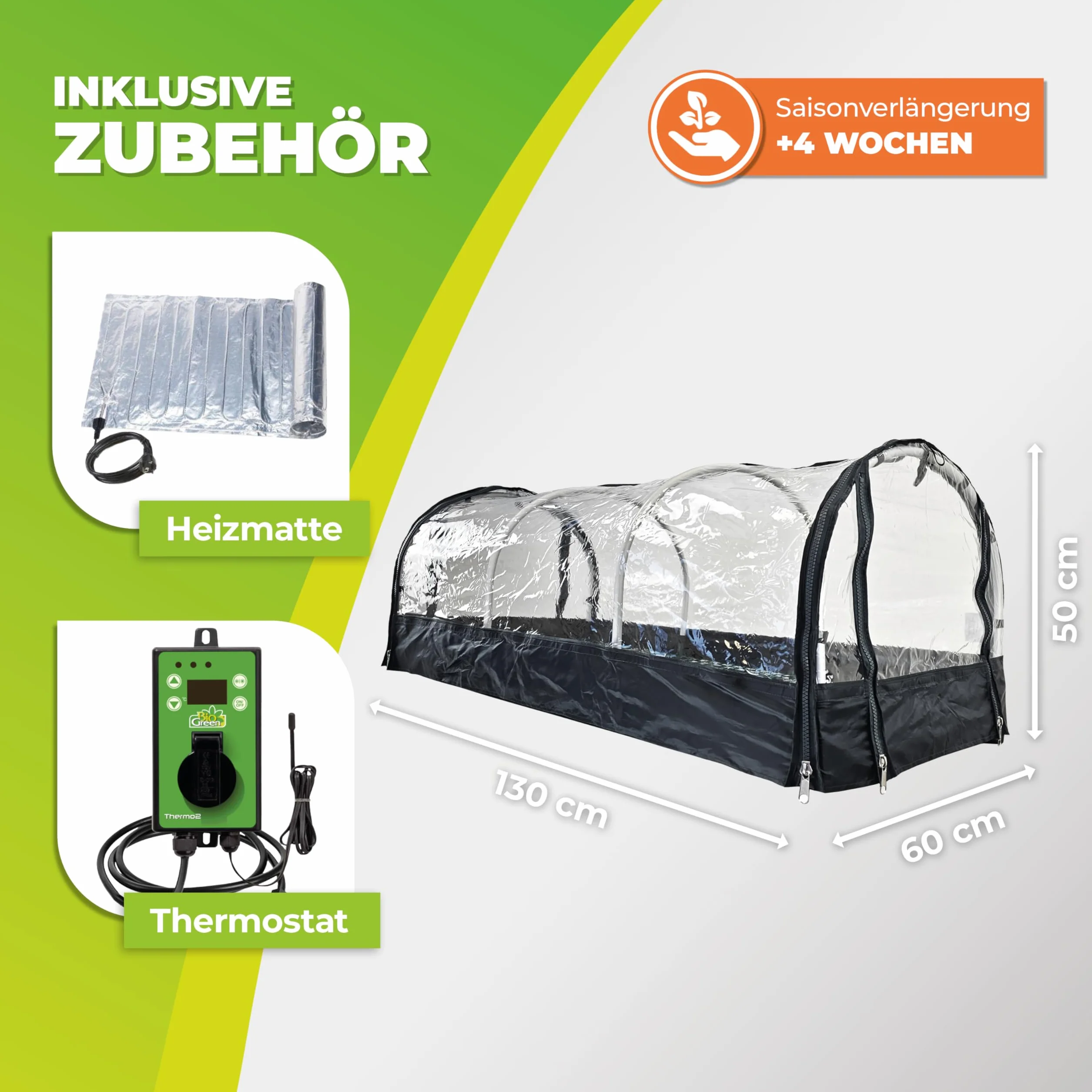 Bio Green Szklarnia pokojowa Jumbo XXL zestaw z matą grzewczą i cyfrowym termostatem rama aluminiowa 130x60x50 cm