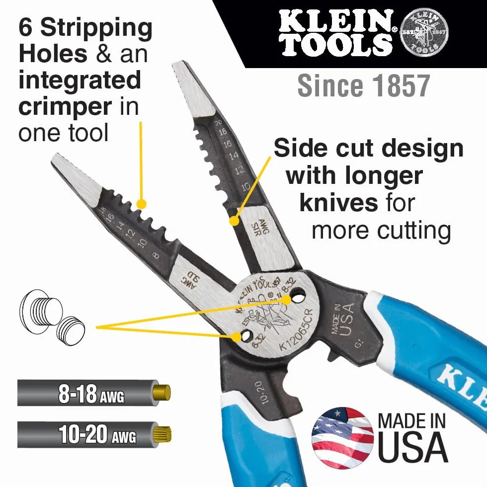 Klein Tools K12065CR narzędzie do ściągania izolacji/obcinarki, do cięcia, ściągania, zaciskania, skręcania (8-18 AWG solidne, 10-20 AWG)