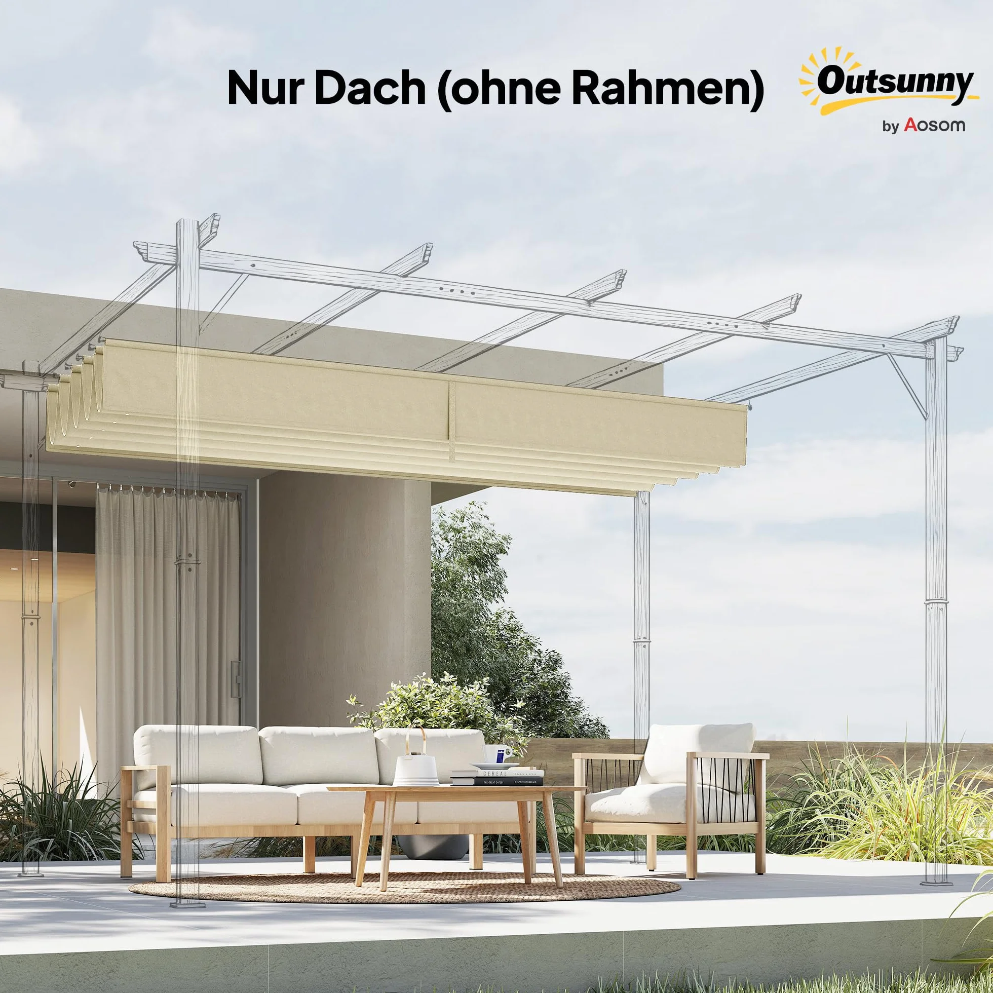 Outsunny Wymienny dach na pergolę 3 x 3 m wodoodporny zasuwany falowy 250 x 255 cm kremowy