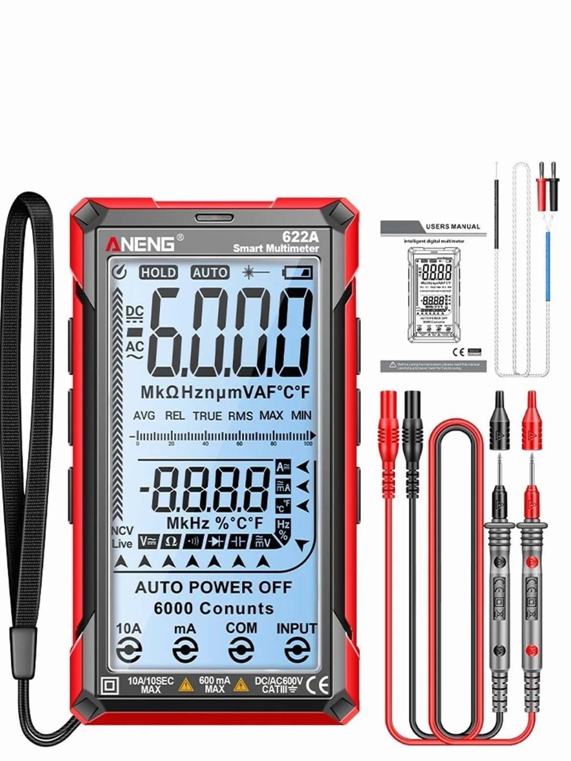 Profesjonalny multimetr cyfrowy 622A/622B, woltomierz AC/DC, amperomierz z lampą, pojemność, tester temperatury Ohm dla elektryka (622A)