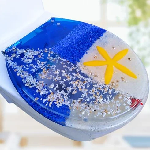 Żywiczna deska sedesowa podłużna, 16,5" × 14,2 cala Ocean dekoracyjny pokrowiec na deskę sedesową z antypoślizgowymi zderzakami, bez trzaskania, powoli zamykająca się deska sedesowa, szybkie zapięcie