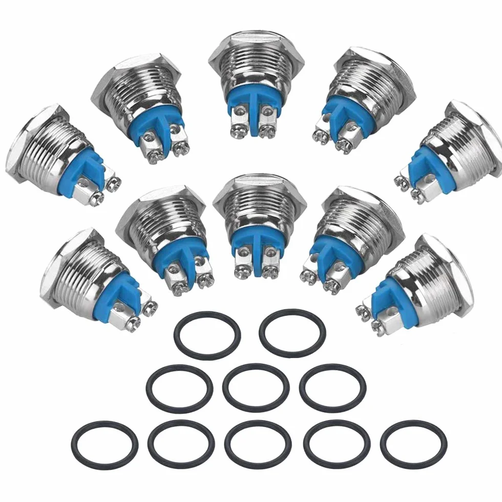 10 szt. premium 16 mm metalowy chwilowy przełącznik przyciskowy, 2-pinowy zacisk śrubowy IP65 wodoodporny przełącznik z przyciskiem startowym, okrągły przełącznik z wysokim łbem 3 A 250 V