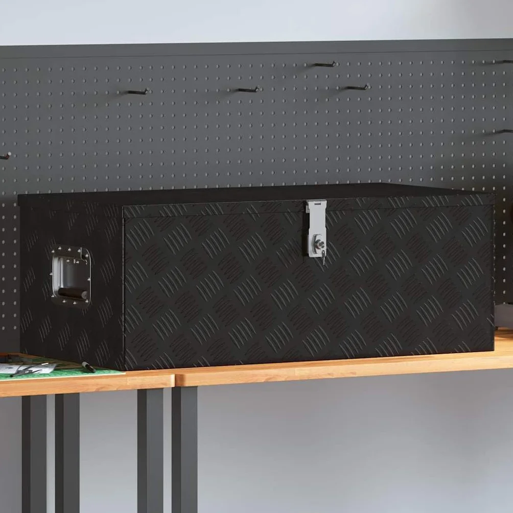 Aluminiowe pudełko do przechowywania, czarne, 90 x 47 x 33,5 cm, do skrzynki narzędziowej, transportu, przechowywania, z uchwytem, systemem zamykania i kluczem, do warsztatu, garażu