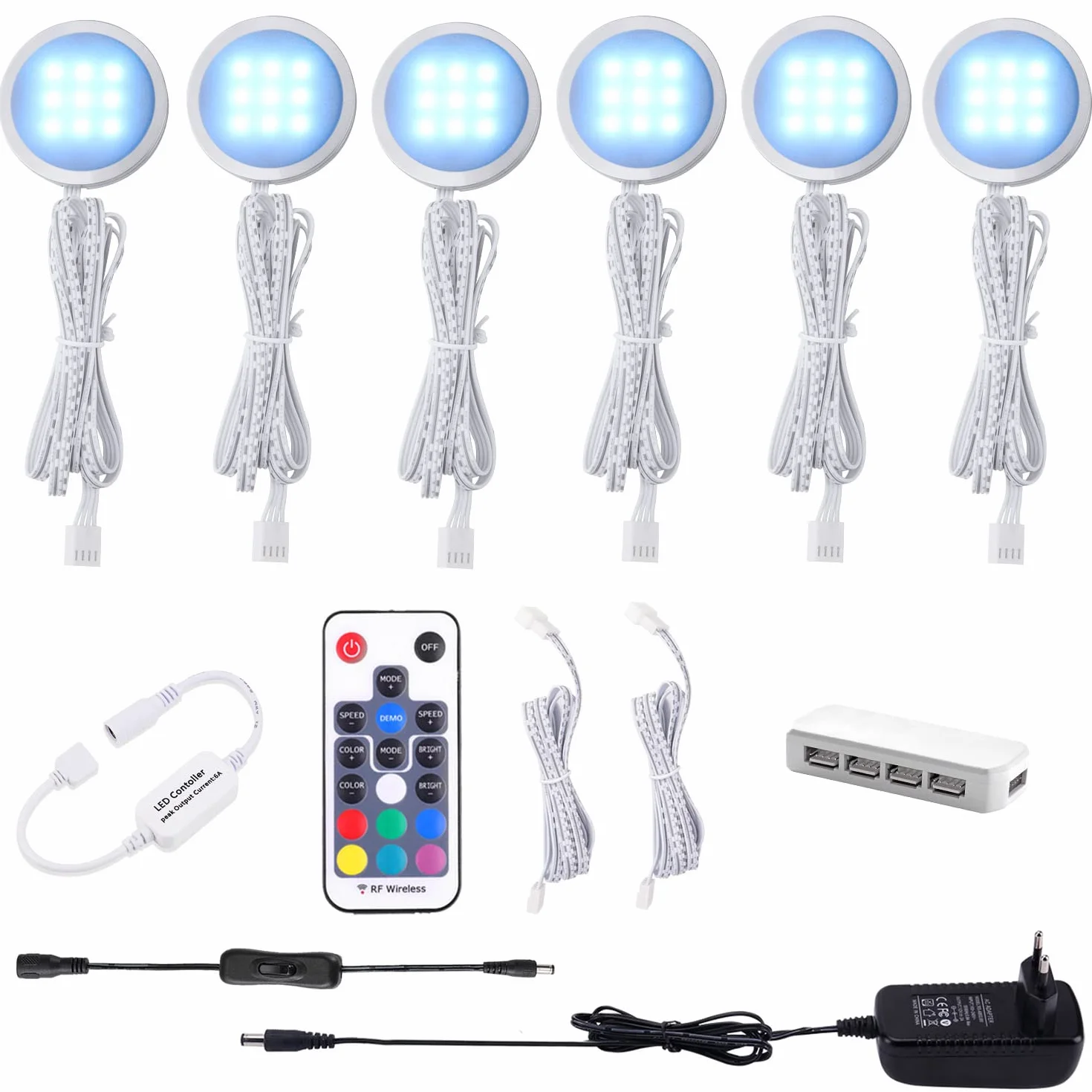 AIBOO Oświetlenie szafki RGB LED, zestaw 6 sztuk, 12 V, lampa podszafkowa, zmiana koloru z pilotem zdalnego sterowania, możliwość ściemniania, oświetlenie witryn RGB, oświetlenie LED do oświetlenia