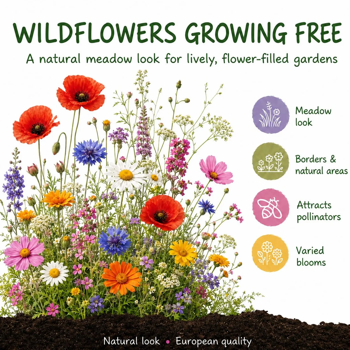 Grounding - Wildflower Mix Seeds Multicolor, 2000+ seeds - Rustic meadow effect, attracts pollinators (bees & butterflies) - European Quality