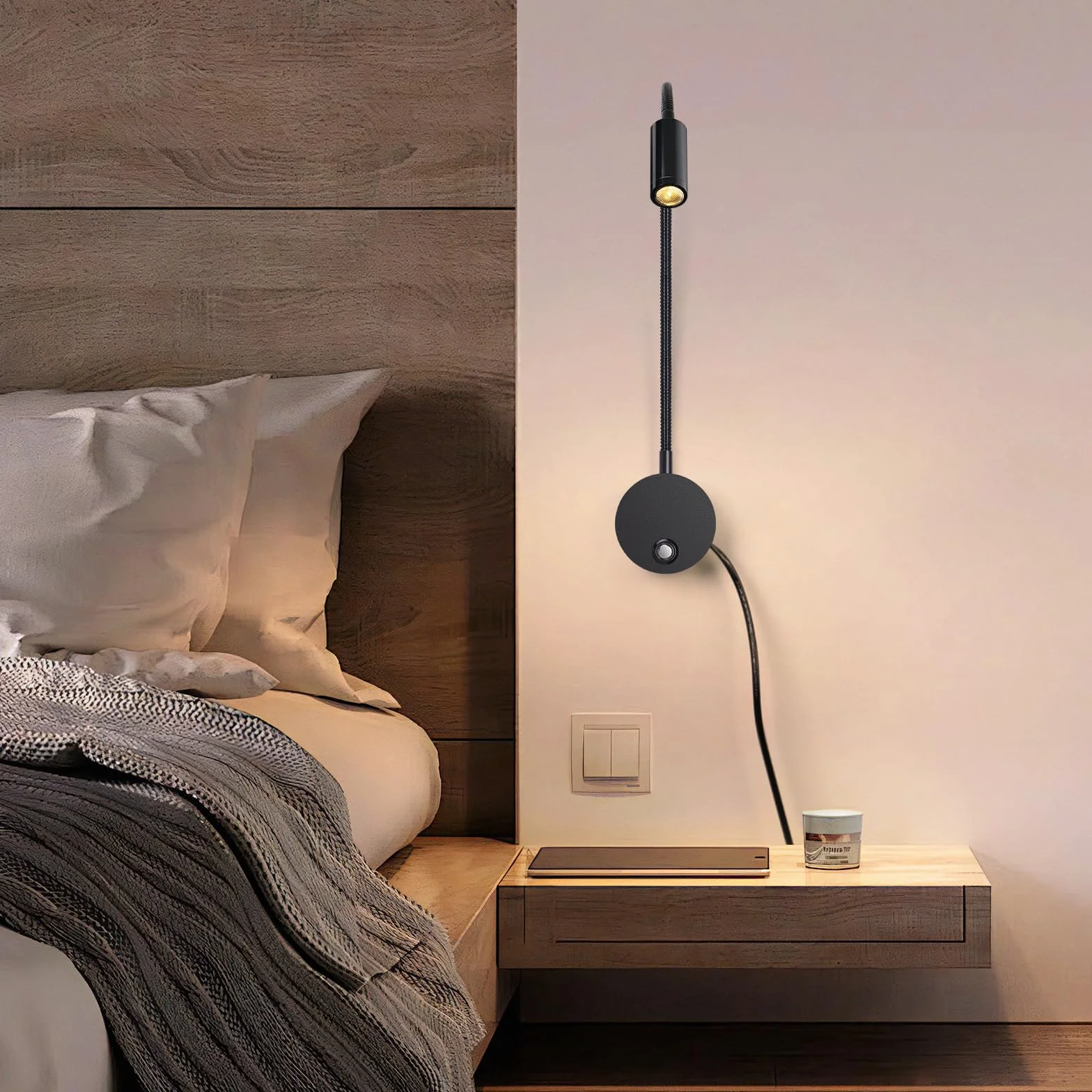 ERWEY 2 sztuki lampy do czytania, lampa ścienna LED, dotykowa, ściemniana, 3 tryby temperatury barwowej, lampa do łóżka z przyłączem USB do ładowania, do sypialni, czarna