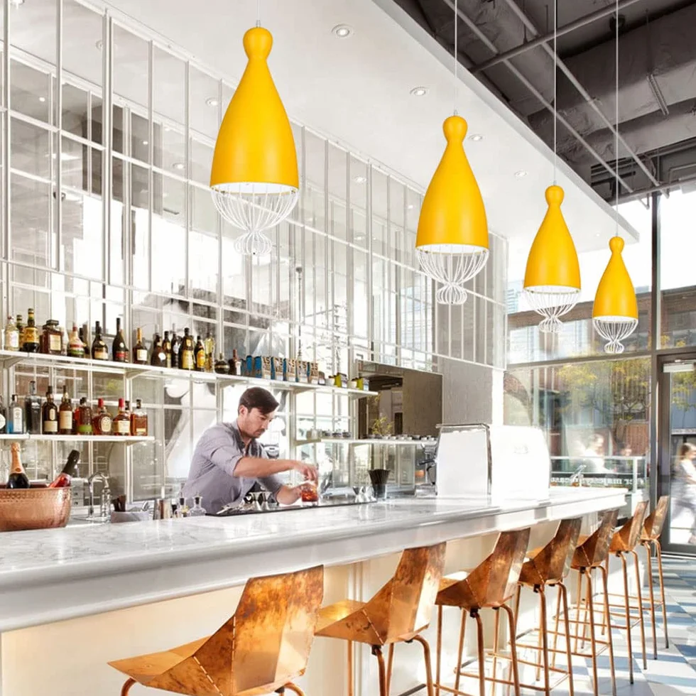 Lampa wisząca LED w stylu nordyckim, metalowa pojedyncza lampa sufitowa, oświetlenie wewnętrzne, bary restauracje, regulowana wysokość (30 cm, żółta