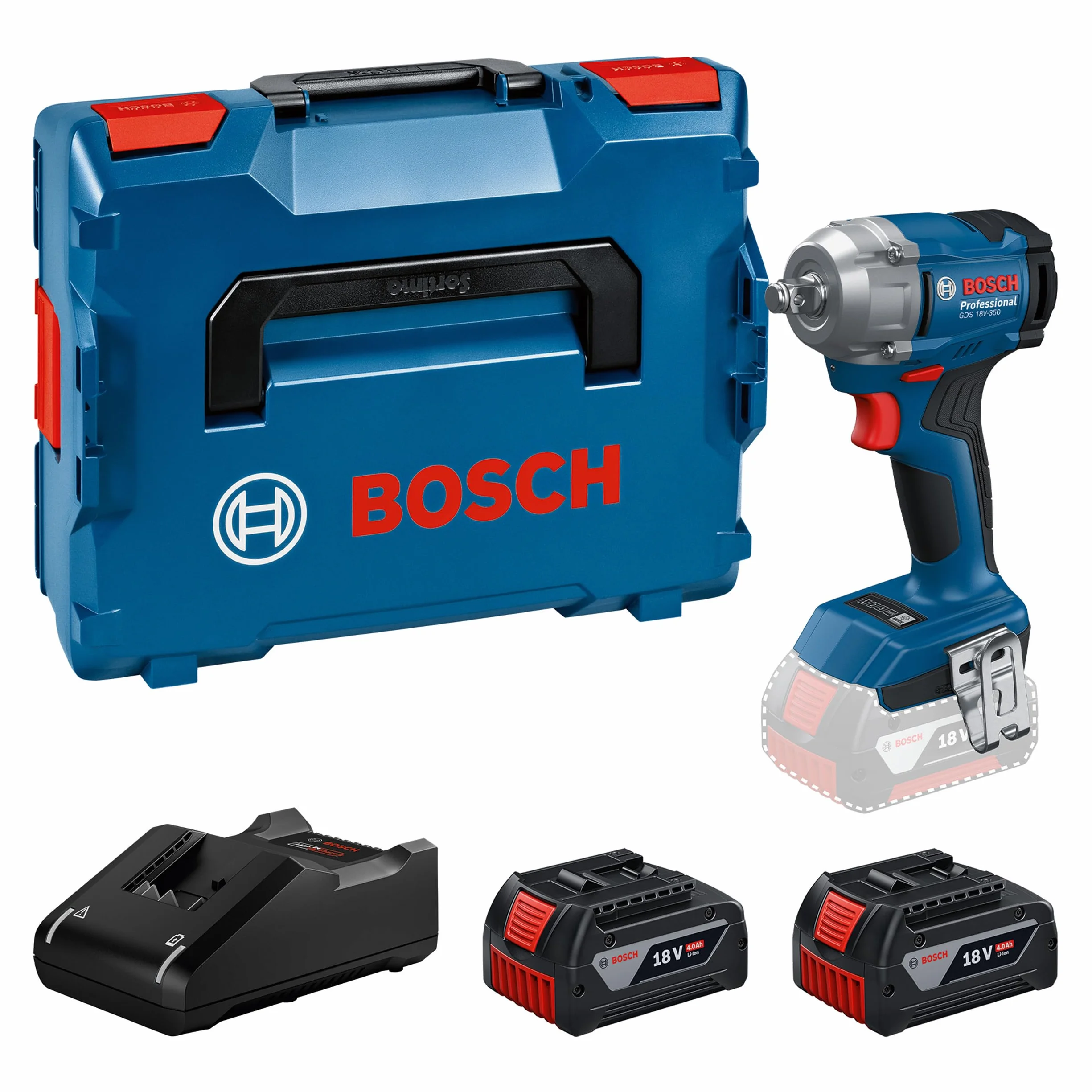Bosch Professional 18V System Akumulatorowy klucz udarowy GDS 18V-350 (zestaw: 2 akumulatory 4,0 Ah + ładowarka GAL 1840, L-BOXX)