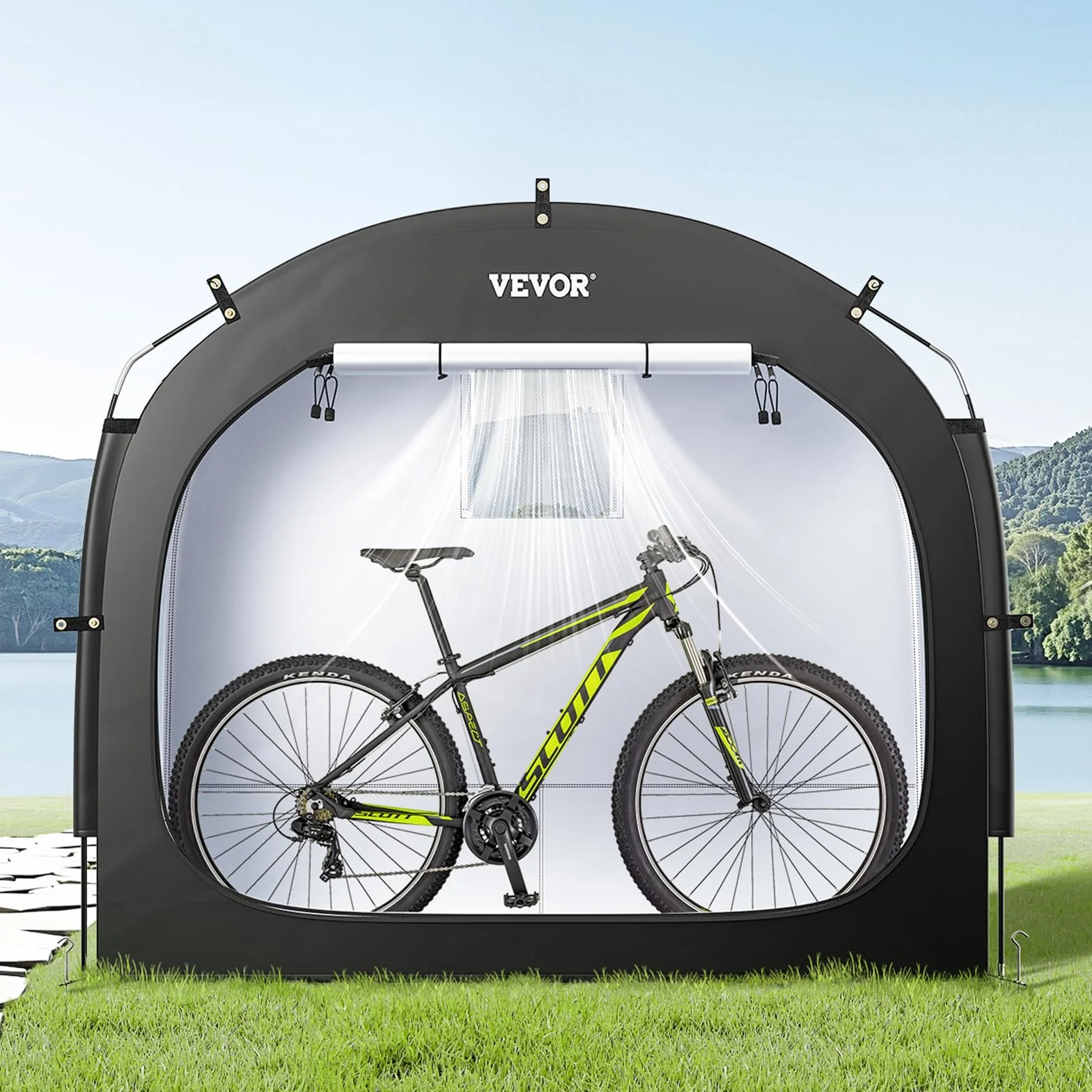 VEVOR Przestronny namiot do przechowywania rowerów na zewnątrz z wentylowanym oknem, wodoodporna kurtyna z włókna szklanego i podwójnymi zamkami błyskawicznymi, czarna, 3 do 4 rowerów, 2030 x 1220 x