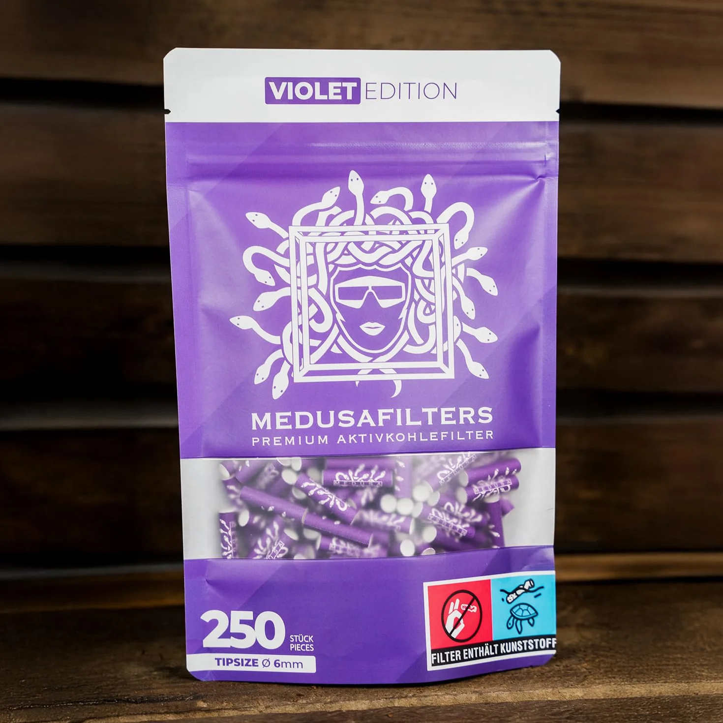 Medusafilters® 250 sztuk filtrów z węglem aktywnym o średnicy 6 mm z wegańskimi nasadkami z włókien i węglem aktywnym kokosowym | filtr o długości 25 mm Made in Germany (VIOLET Edition)