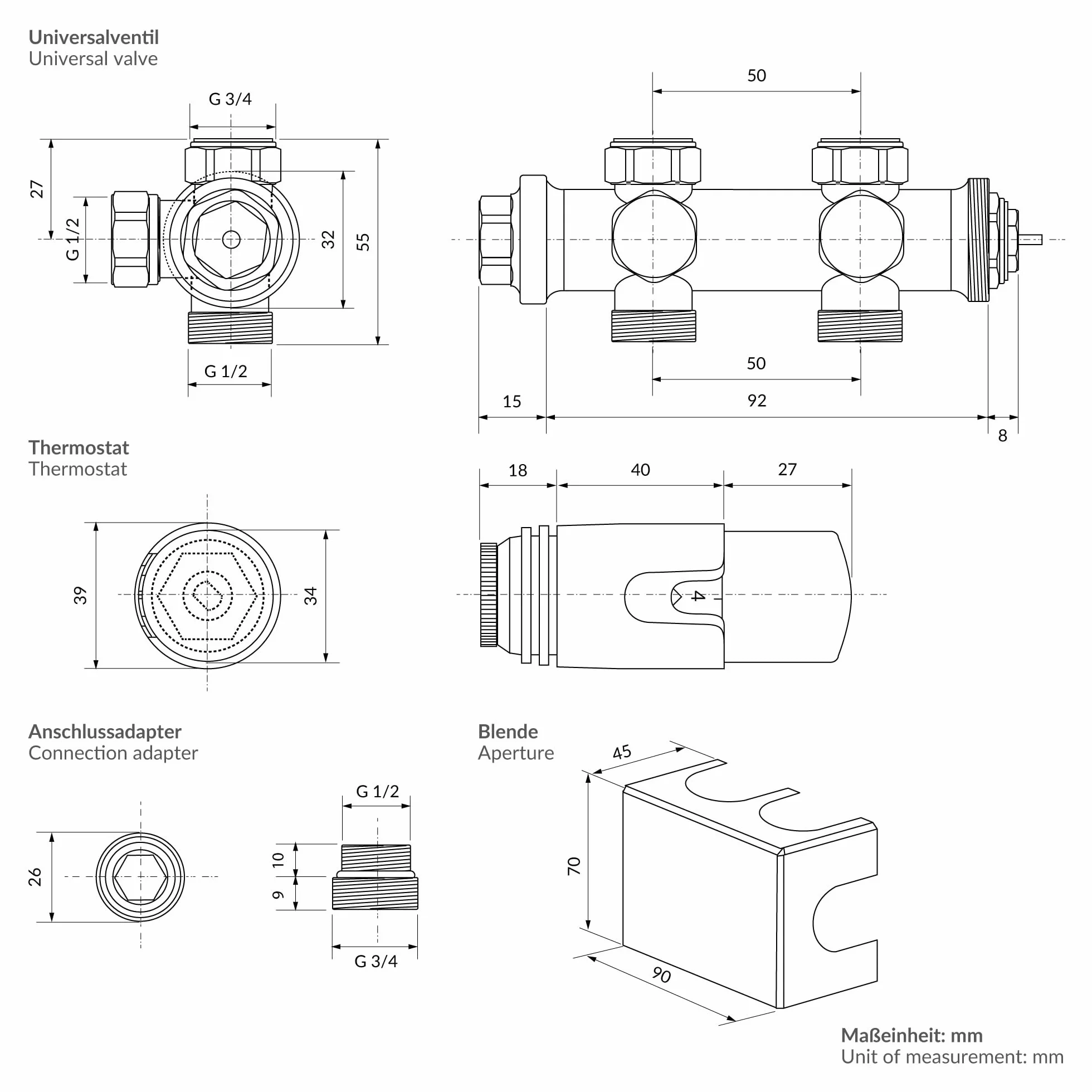 ECD Germany Zestaw Zaworowy Multiblock Chrom Chrom Uniwersalny Narozny I Prosty Z Glowica Termostatyczna Do Grzejników Lazienkowych Z Podlaczeniem Srodkowym - Zestaw Przylaczeniowy Grzejnikowy