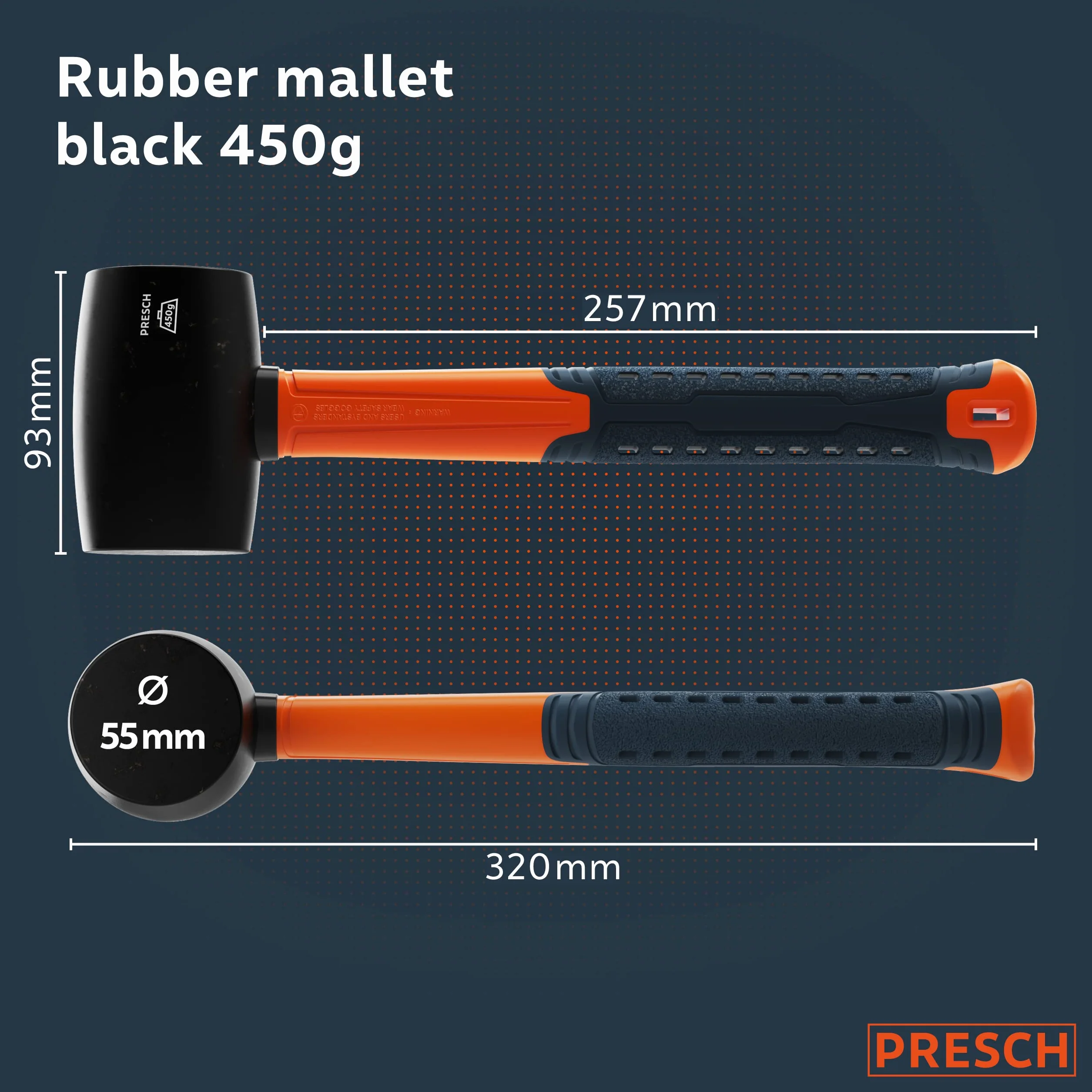 Presch Młotek gumowy czarny 450g - Młotek gumowy z trzonkiem z włókna szklanego | ⌀=55mm - Czarna guma naturalna do użytku na zewnątrz - Wytrzymały młotek z miękką powierzchnią