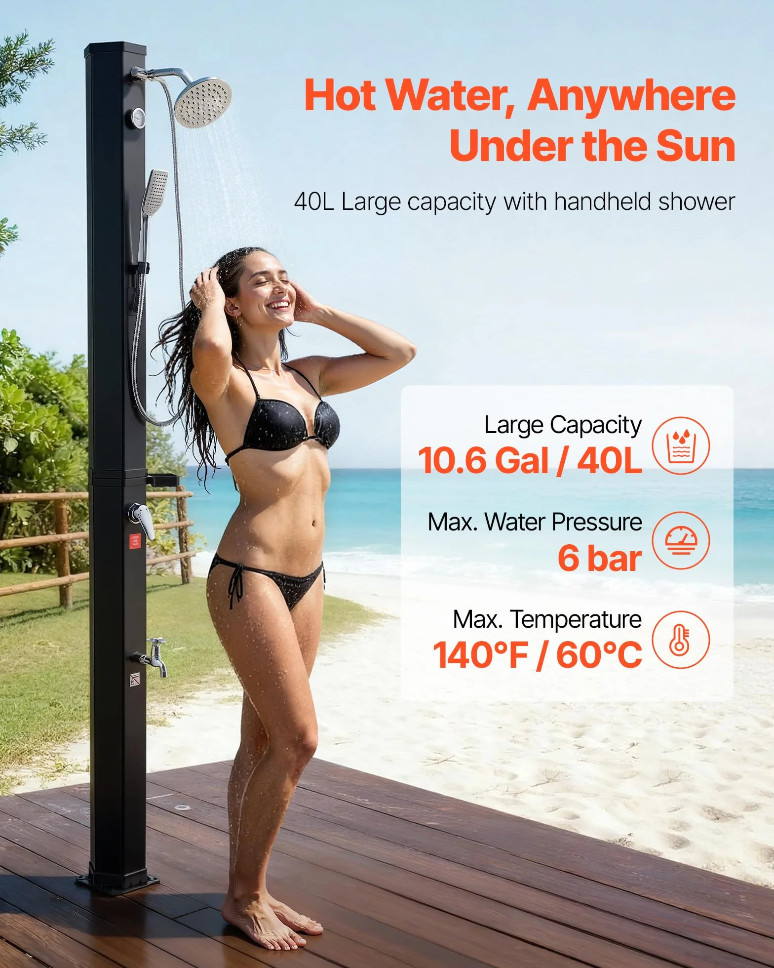 VEVOR Prysznic solarny 40 l zewnętrzny z mydelniczką regulowaną głowicą deszczową 205 cm