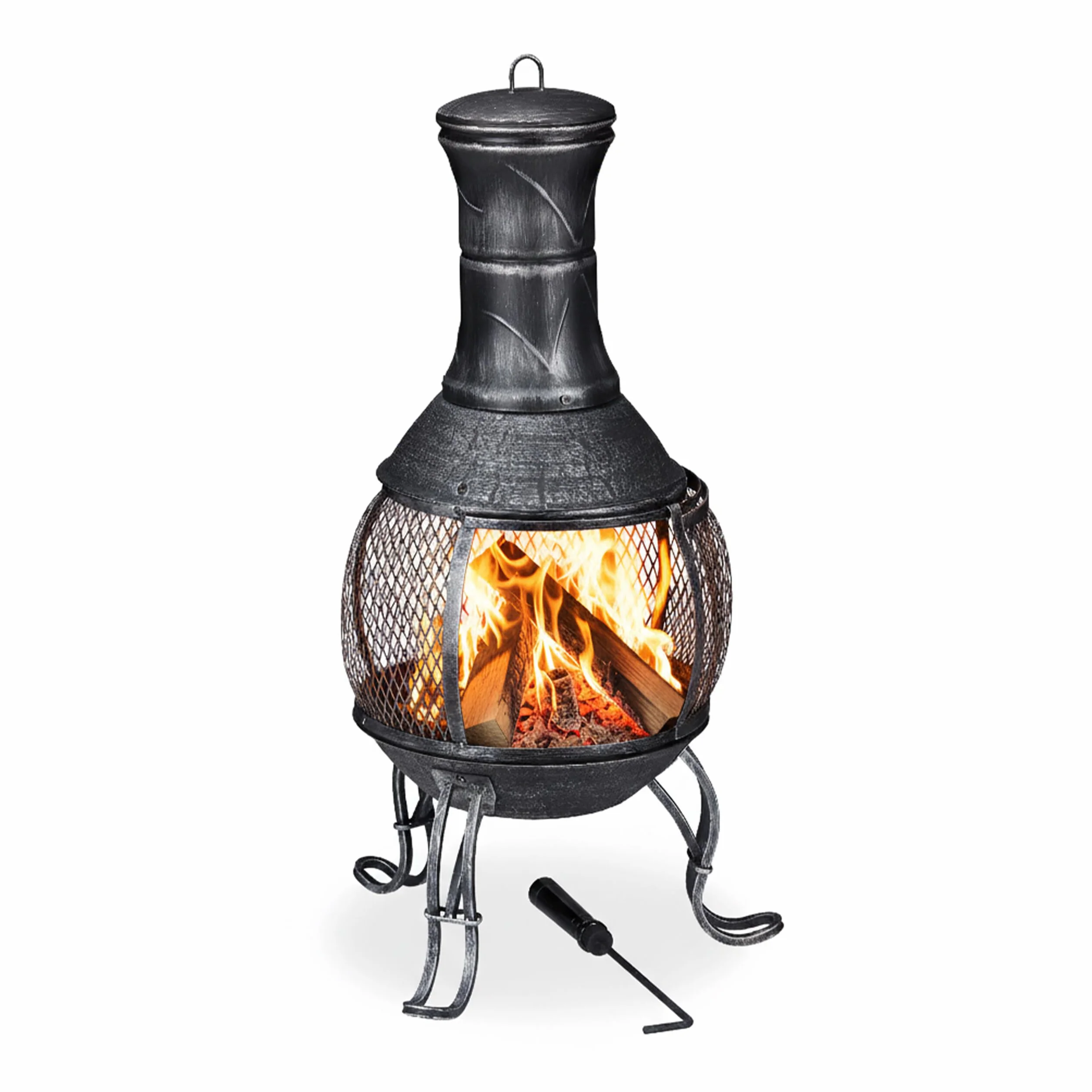 Relaxdays Chiminea, ogrzewanie tarasowe, poker, ruch, osłona przed iskrami, patio, taras, antyczny wygląd, palenisko, wysokość 89 cm, szary