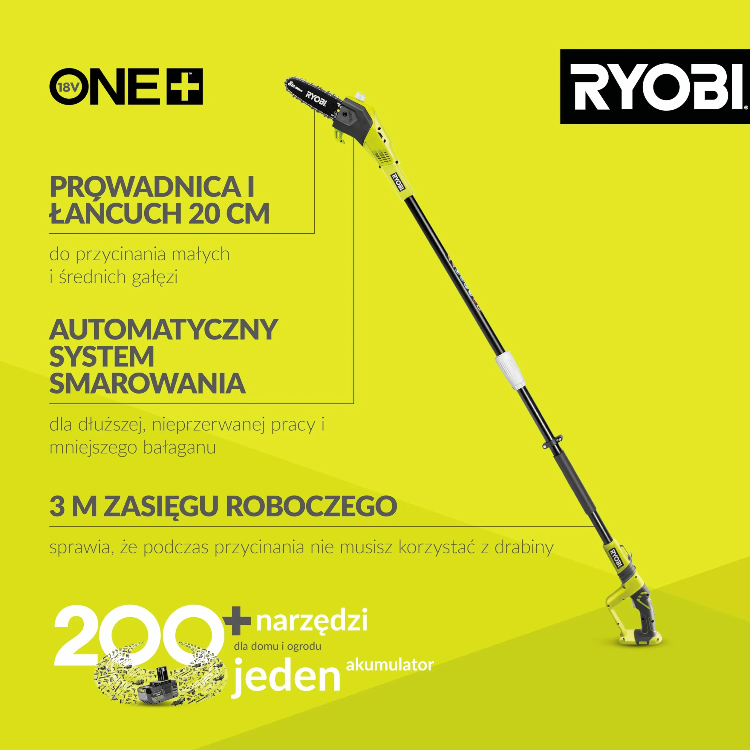 Ryobi Pilarka do Gałęzi 18 V OPP1820 Wysięgnik Długość Prowadnicy 20 cm Regulowana Długość Trzonka 3 m bez Akumulatora