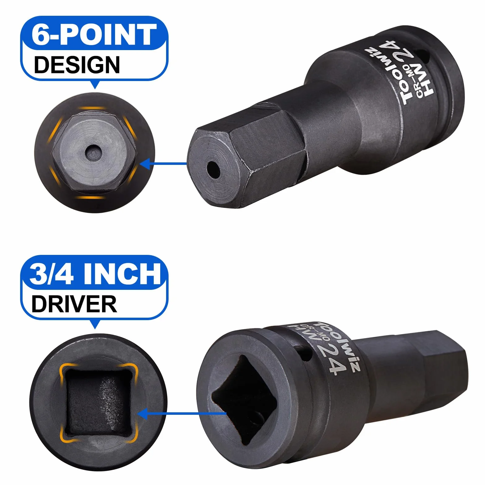 Toolwiz Zestaw bitów sześciokątnych 3/4", metryczny 14-24 mm, stal chromowo-molibdenowa, jednoczęściowa konstrukcja, profesjonalny zestaw kluczy nasadowych do wkrętarki udarowej